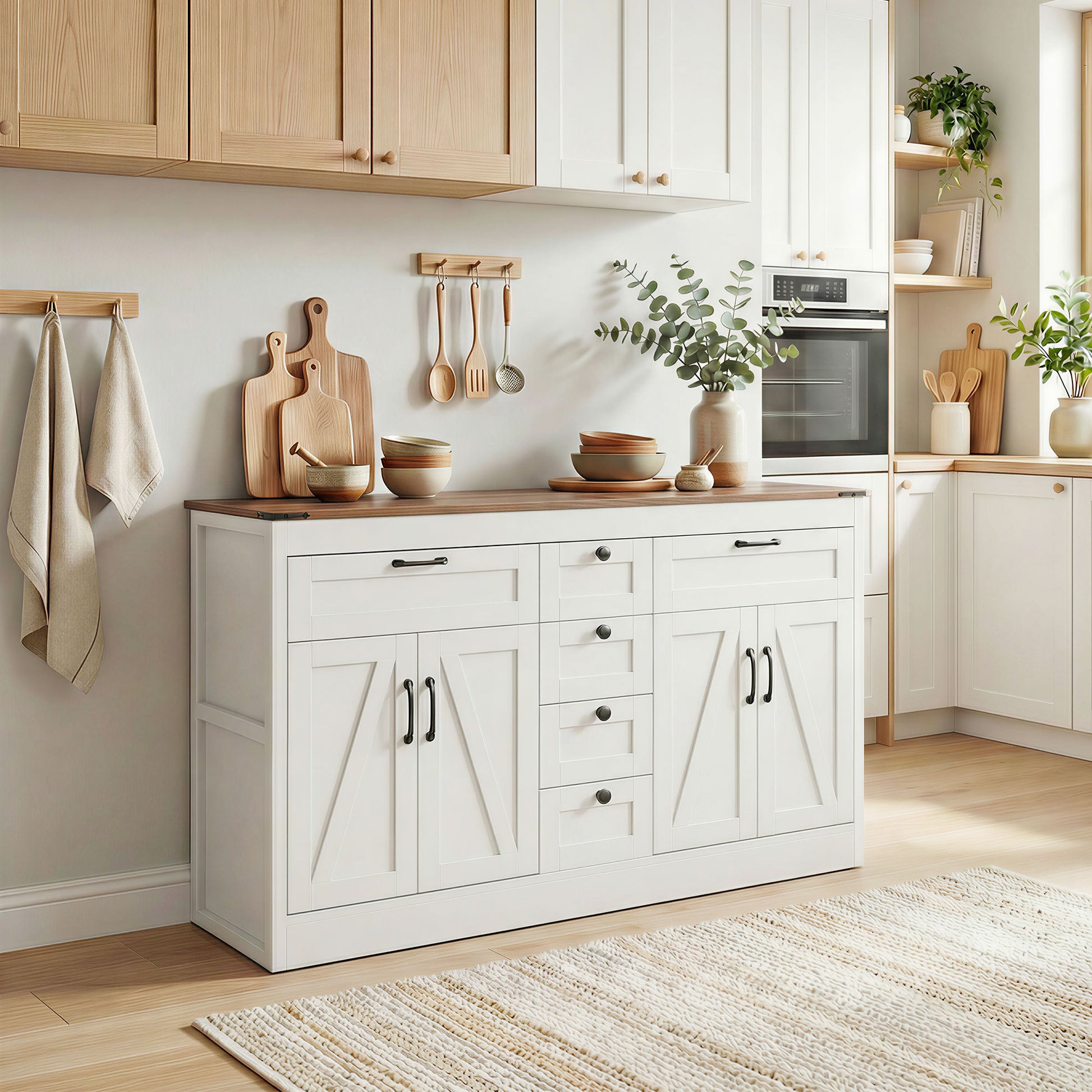 55" Farmhouse Sideboard - White 4 Barn Doors 6 Drawers-DECOROLALA
