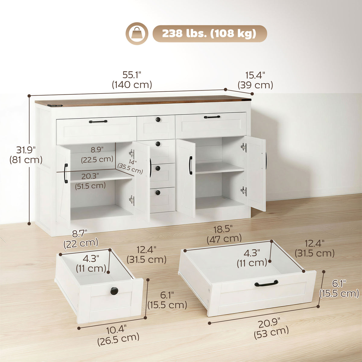 55" Farmhouse Sideboard - White 4 Barn Doors 6 Drawers-Sideboards & Buffets-DECOROLALA