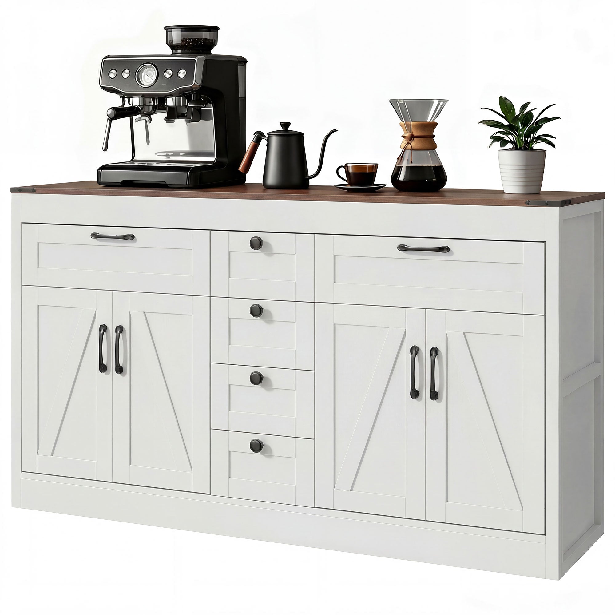 55" Farmhouse Sideboard - White 4 Barn Doors 6 Drawers-DECOROLALA