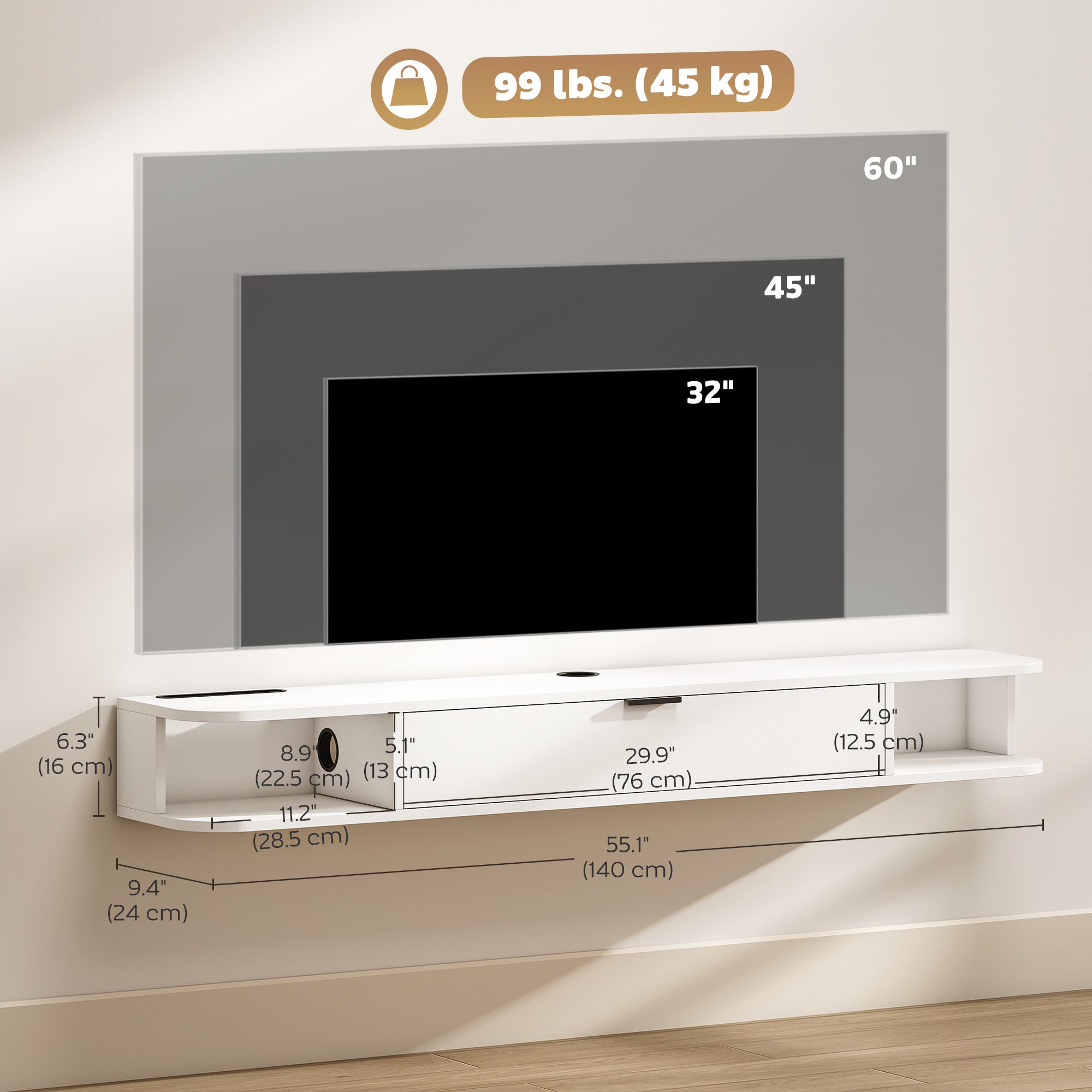 55" Floating TV Stand - White Wood Grain Wall Mounted Console-Home Furnishings > Living Room Furniture > TV¬†Stands-DECOROLALA