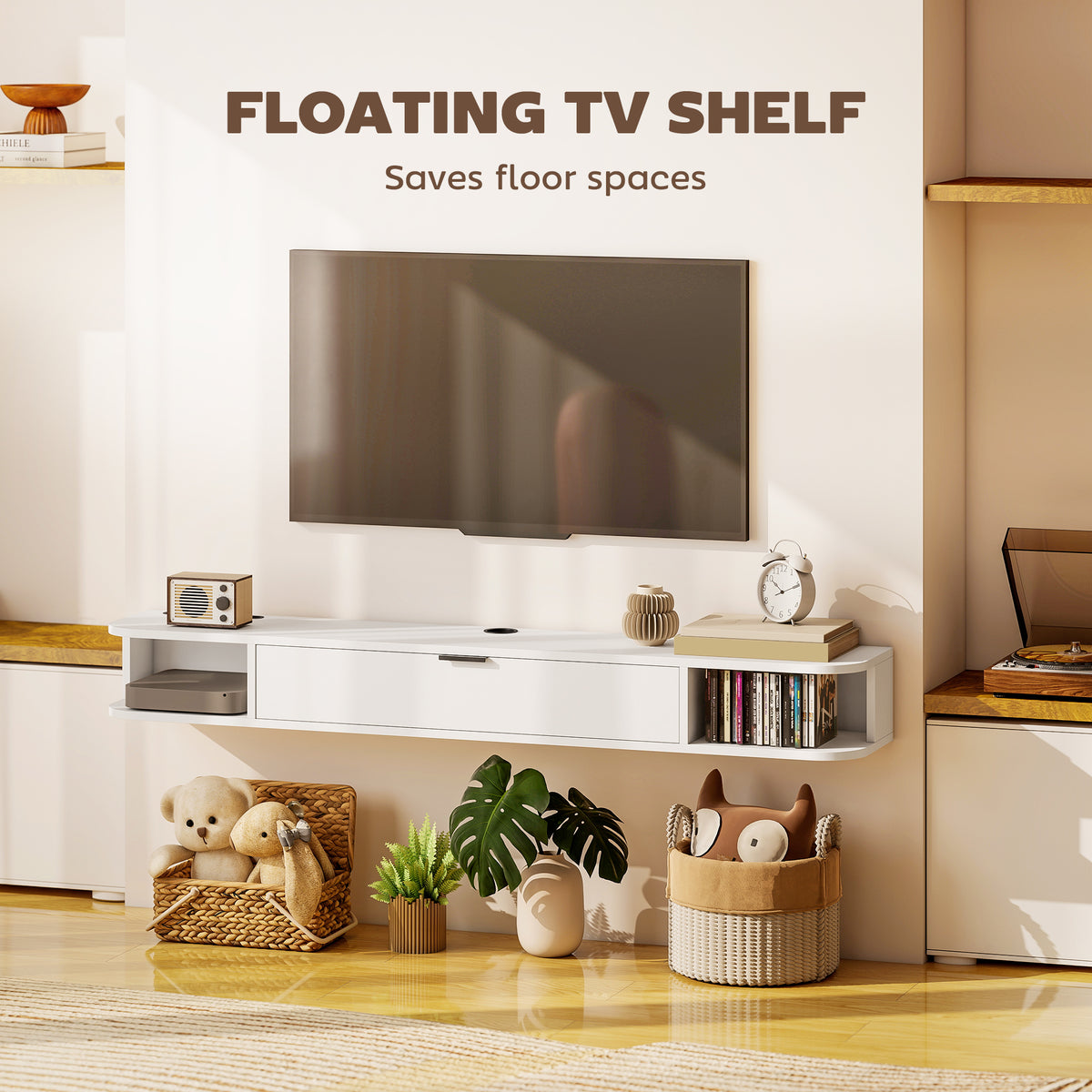 55" Floating TV Stand - White Wood Grain Wall Mounted Console-Home Furnishings > Living Room Furniture > TV¬†Stands-DECOROLALA