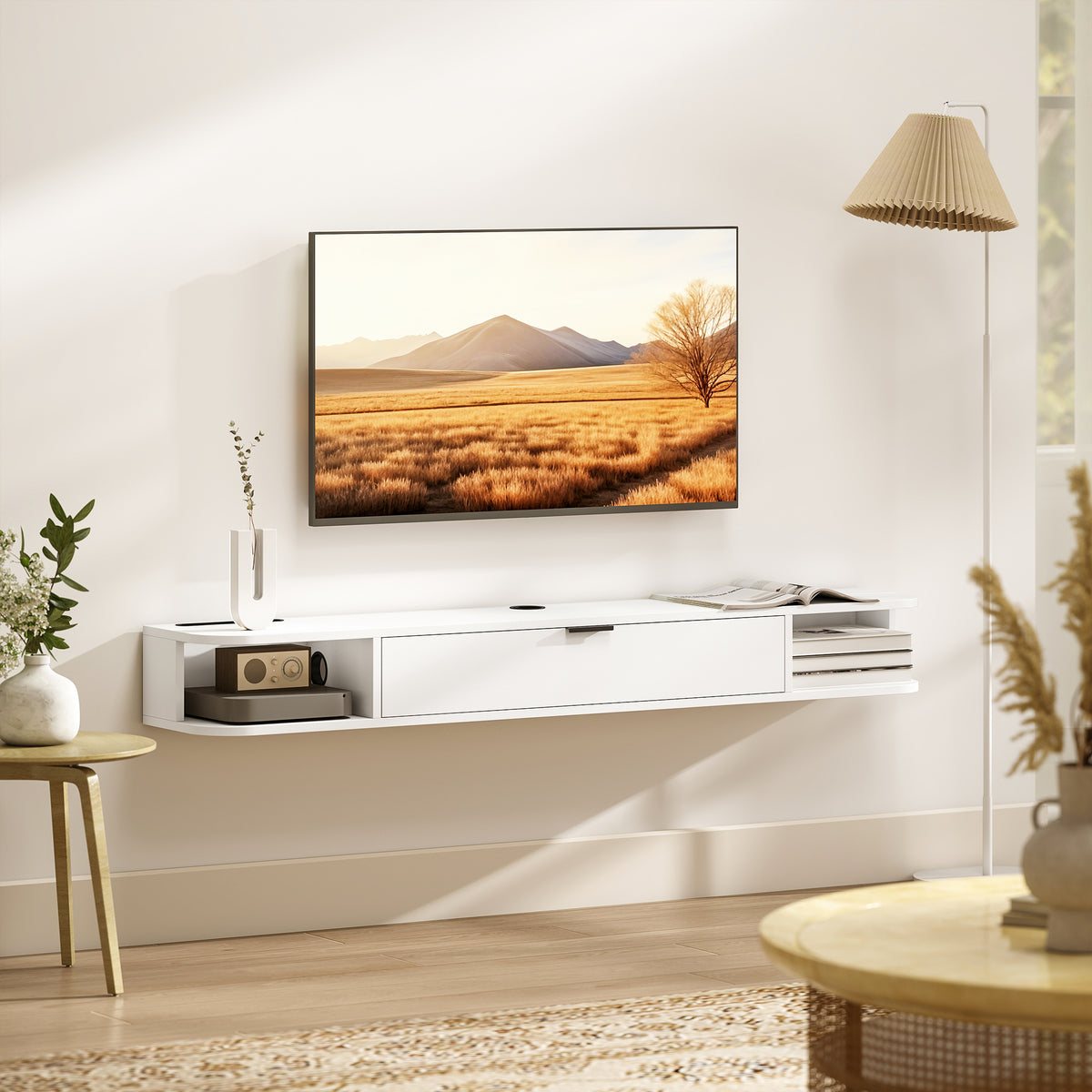 55" Floating TV Stand - White Wood Grain Wall Mounted Console-Home Furnishings > Living Room Furniture > TV¬†Stands-DECOROLALA
