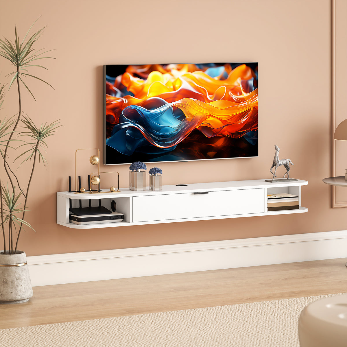 55" Floating TV Stand - White Wood Grain Wall Mounted Console-Home Furnishings > Living Room Furniture > TV¬†Stands-DECOROLALA