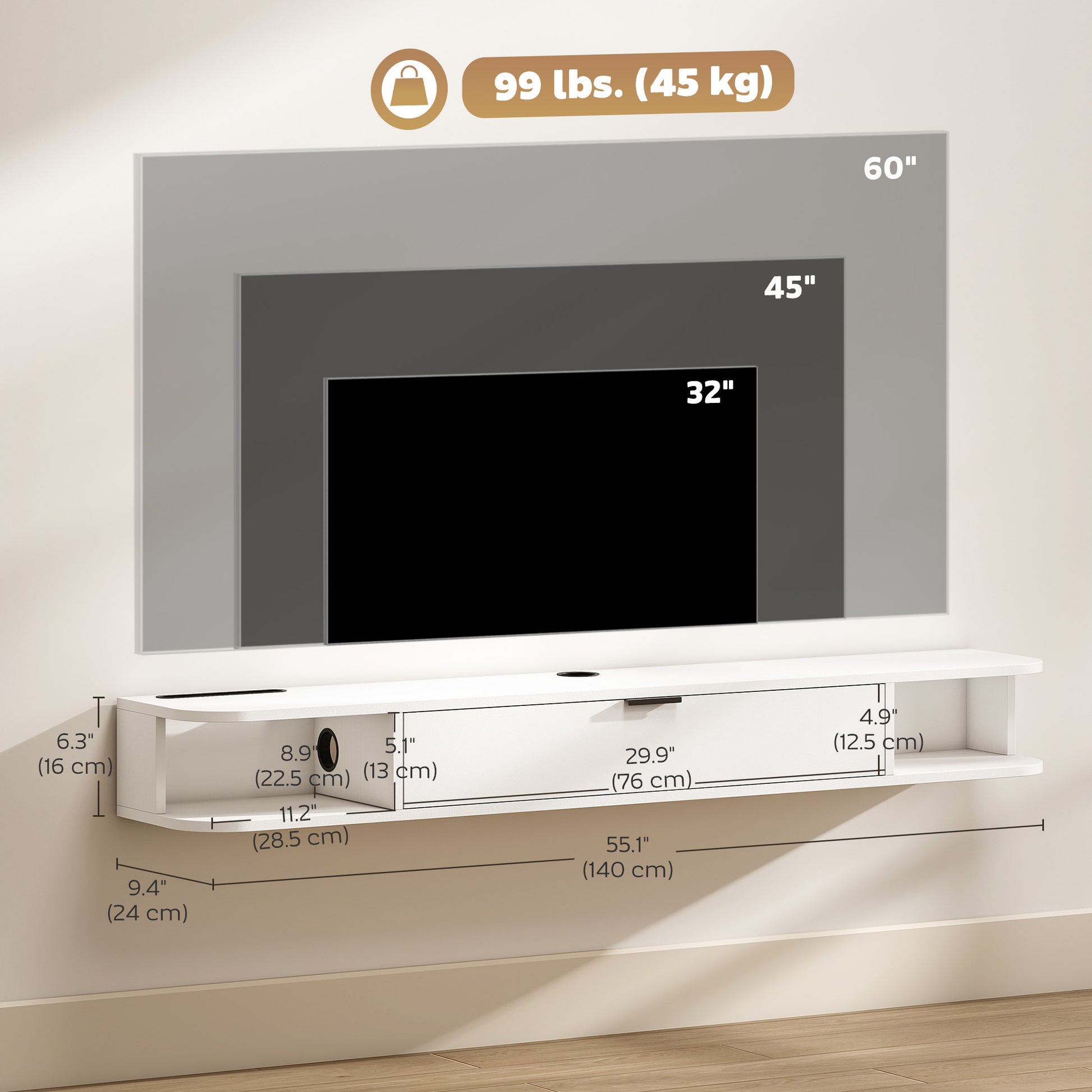 55" Floating TV Stand for TVs up to 60 Inch, Wall Mounted Media Console with Flip Drawer and 2 Open Shelves, White-Home Furnishings > Living Room Furniture > TV¬†Stands-DECOROLALA