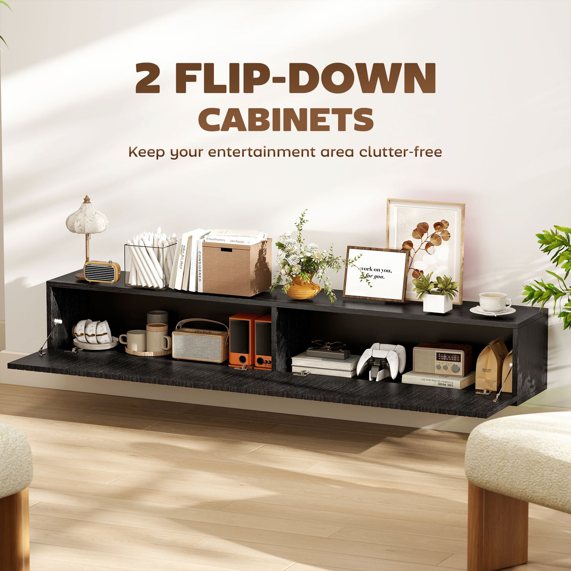 55" Floating TV Stand for TVs up to 72 Inch, Wall Mount Media Console with 2 Fluted Flip-Down Doors, Cable Hole, Black-Home Furnishings > Living Room Furniture > TV¬†Stands-DECOROLALA