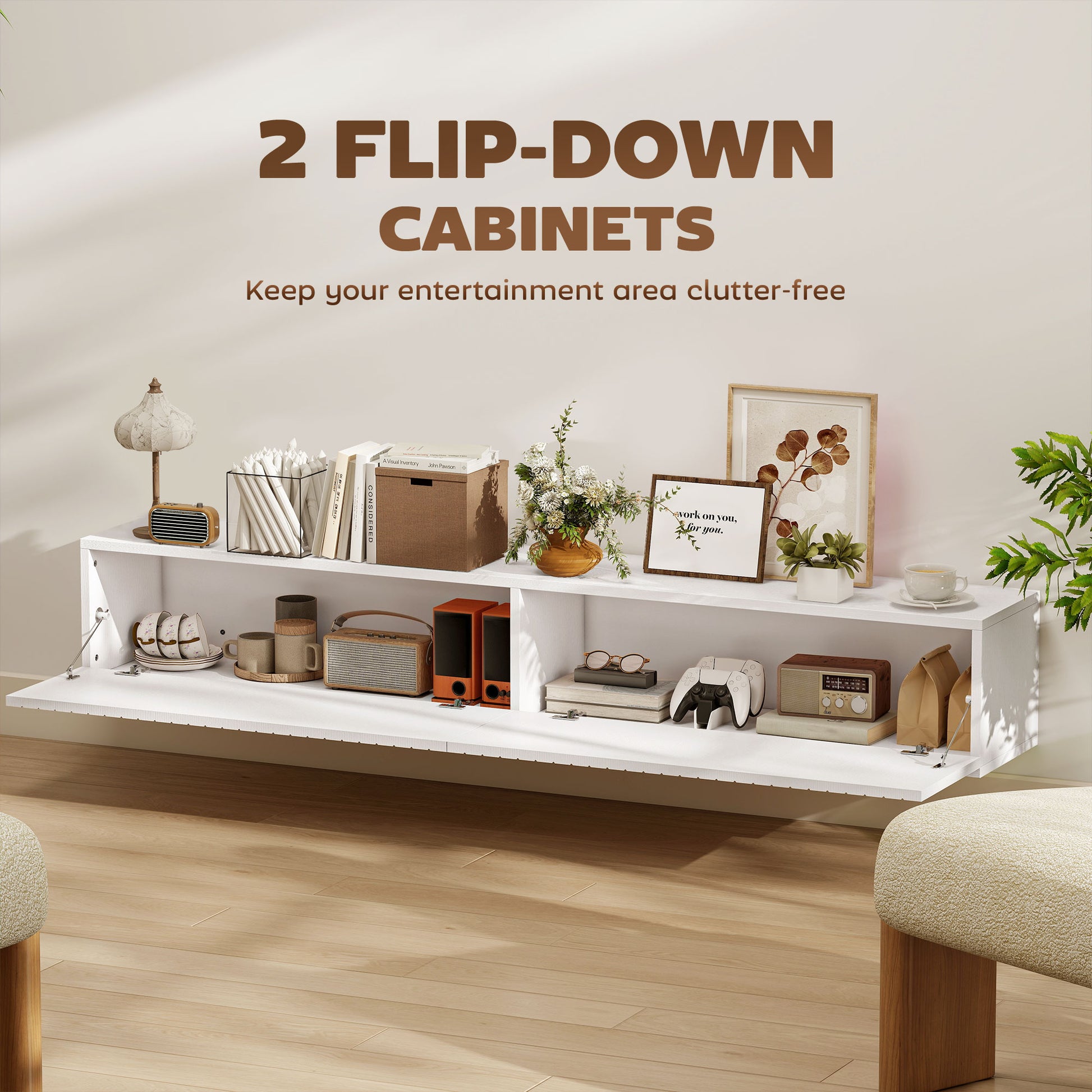 55" Floating TV Stand for TVs up to 72 Inch, Wall Mount Media Console with 2 Fluted Flip-Down Doors, Cable Hole, White-Home Furnishings > Living Room Furniture > TV¬†Stands-DECOROLALA
