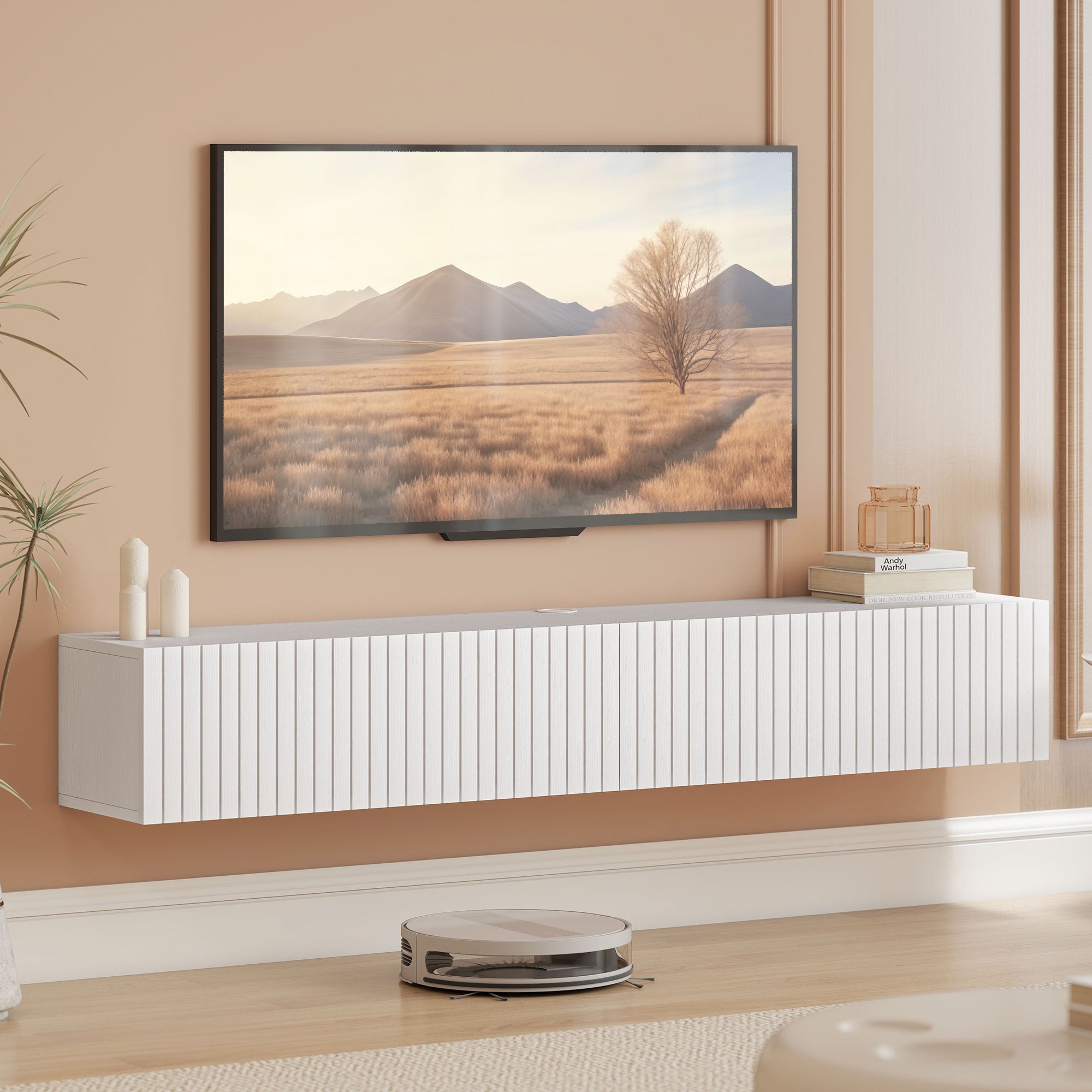 55" Floating TV Stand for TVs up to 72 Inch, Wall Mount Media Console with 2 Fluted Flip-Down Doors, Cable Hole, White-Home Furnishings > Living Room Furniture > TV¬†Stands-DECOROLALA