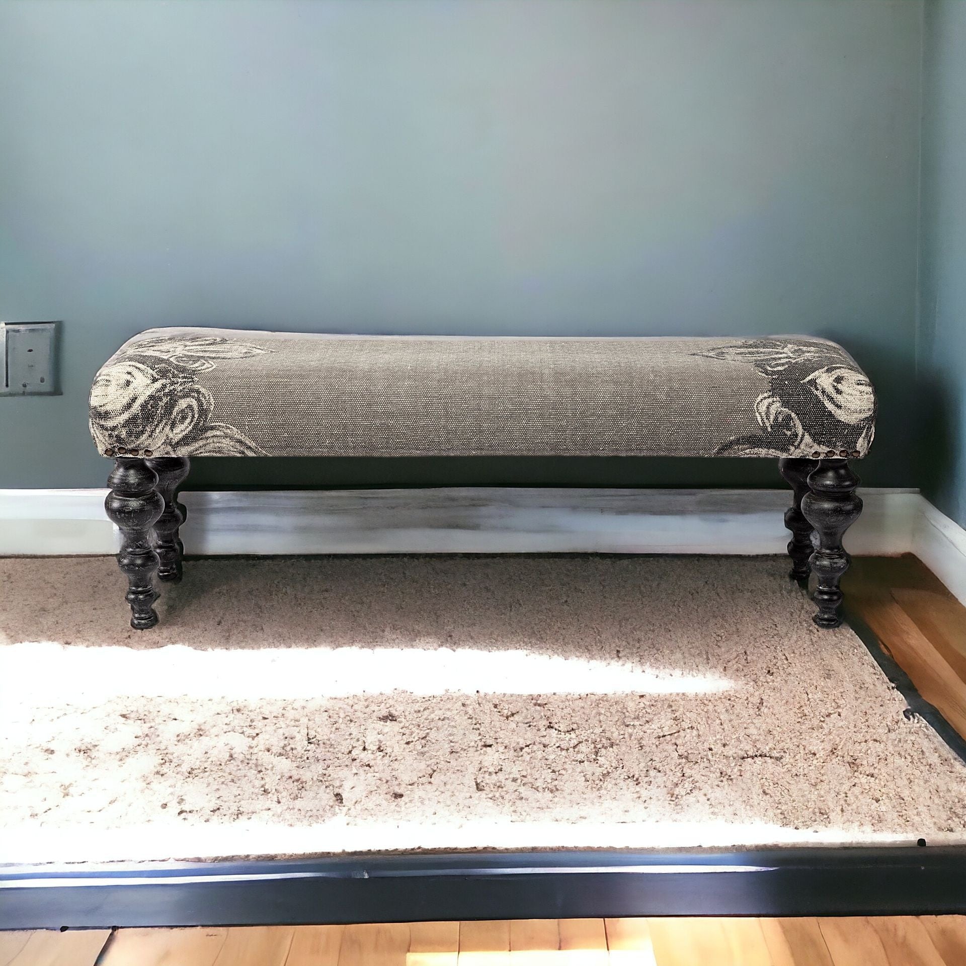 55" Gray and Black Upholstered Cotton Blend Floral Distressed Bench-Benches-DECOROLALA