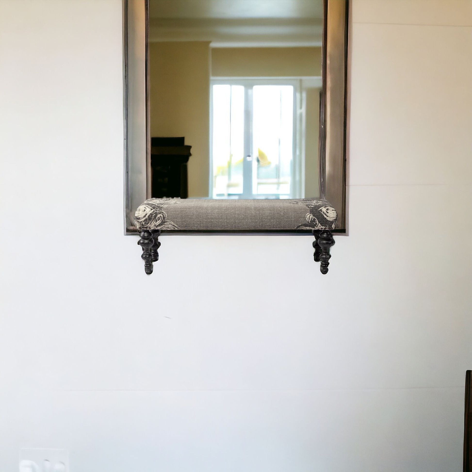 55" Gray and Black Upholstered Cotton Blend Floral Distressed Bench-Benches-DECOROLALA