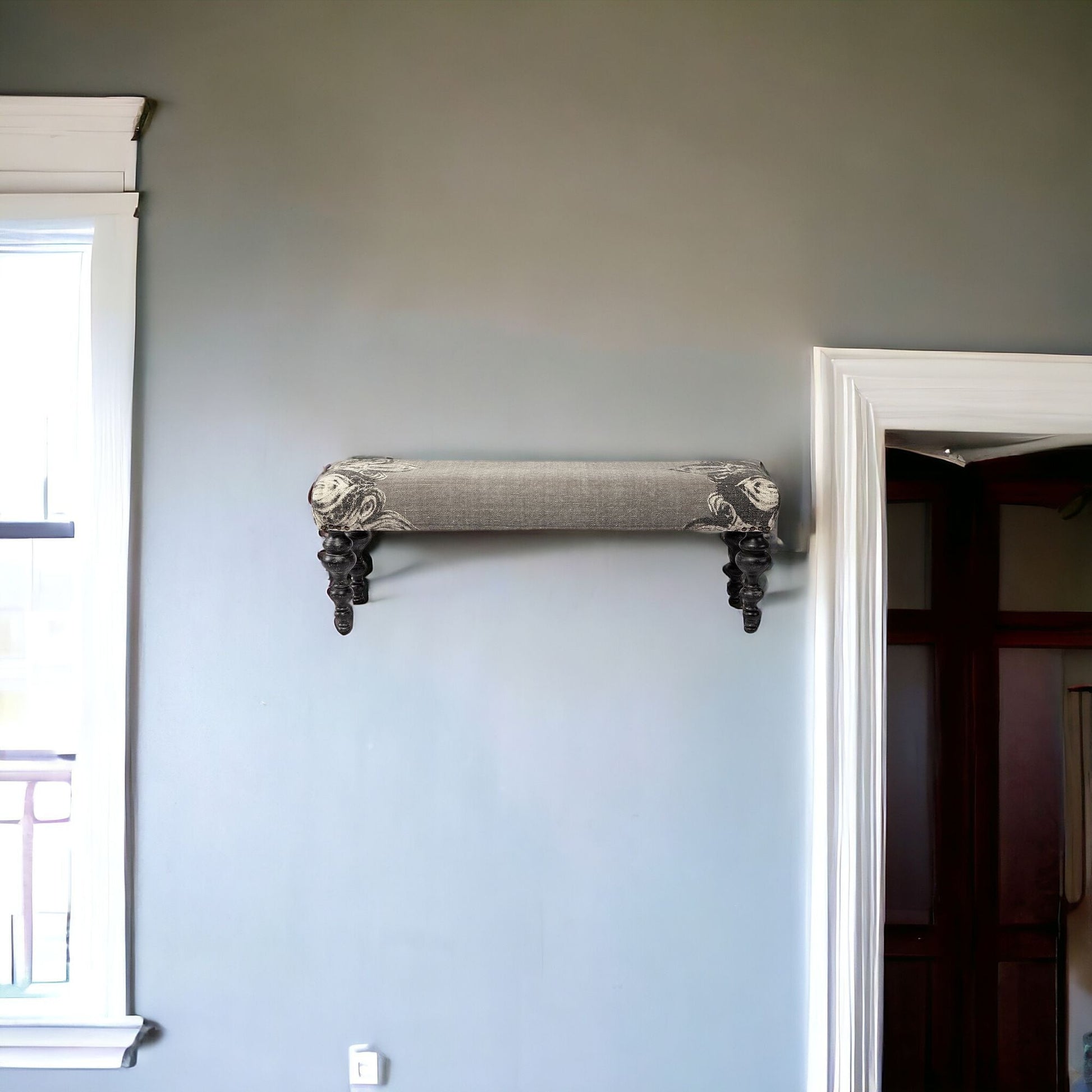 55" Gray and Black Upholstered Cotton Blend Floral Distressed Bench-Benches-DECOROLALA