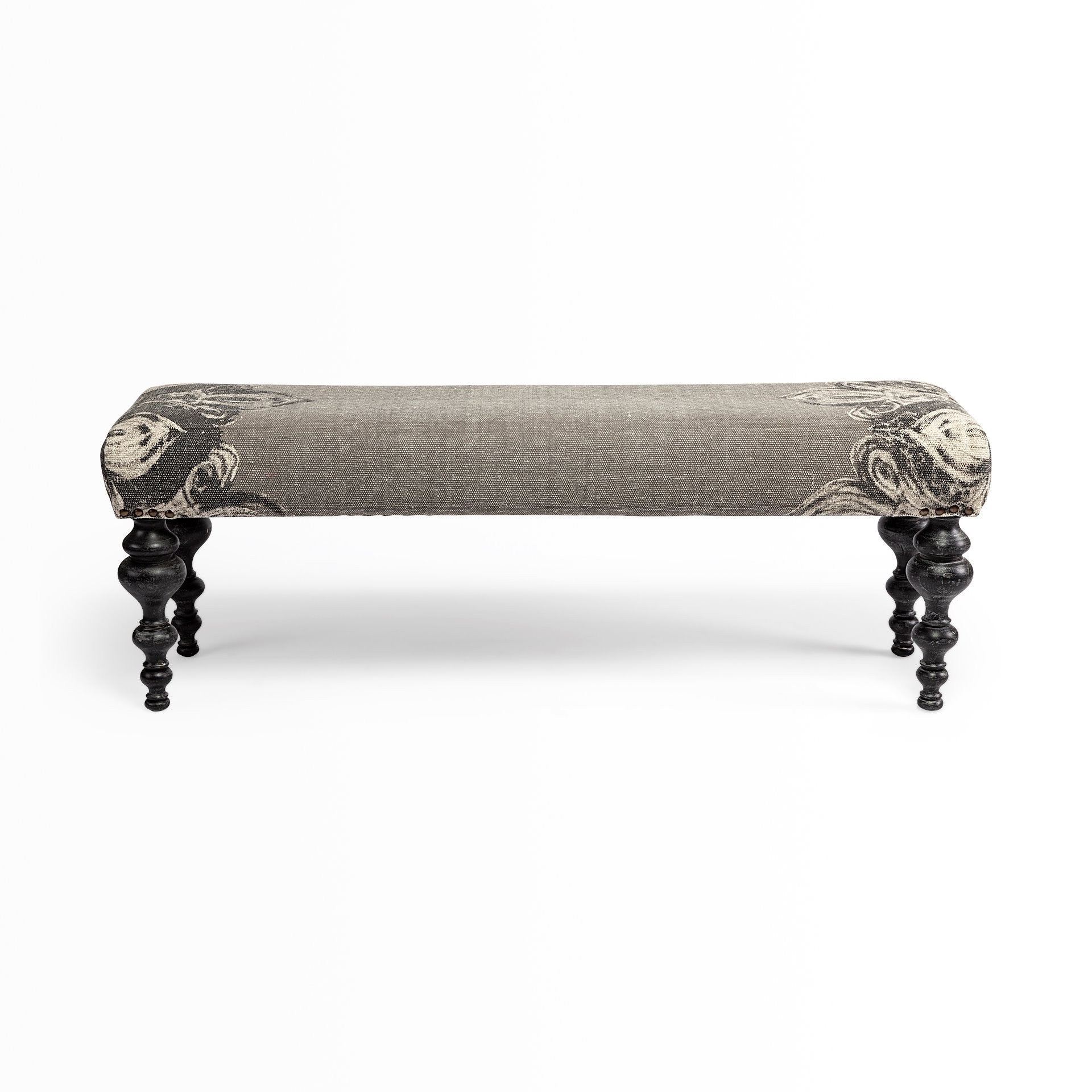 55" Gray and Black Upholstered Cotton Blend Floral Distressed Bench-Benches-DECOROLALA