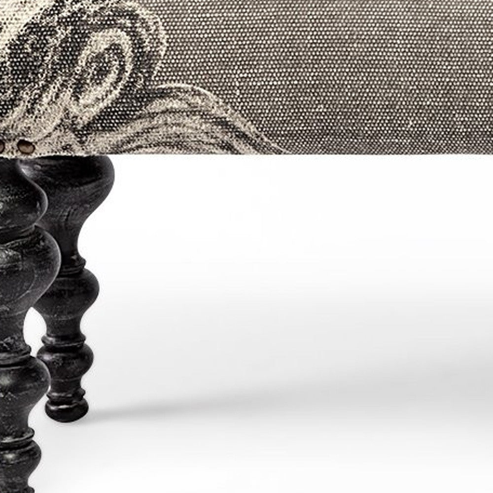 55" Gray and Black Upholstered Cotton Blend Floral Distressed Bench-Benches-DECOROLALA