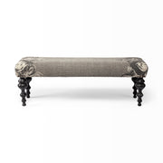 55" Gray and Black Upholstered Cotton Blend Floral Distressed Bench-Benches-DECOROLALA