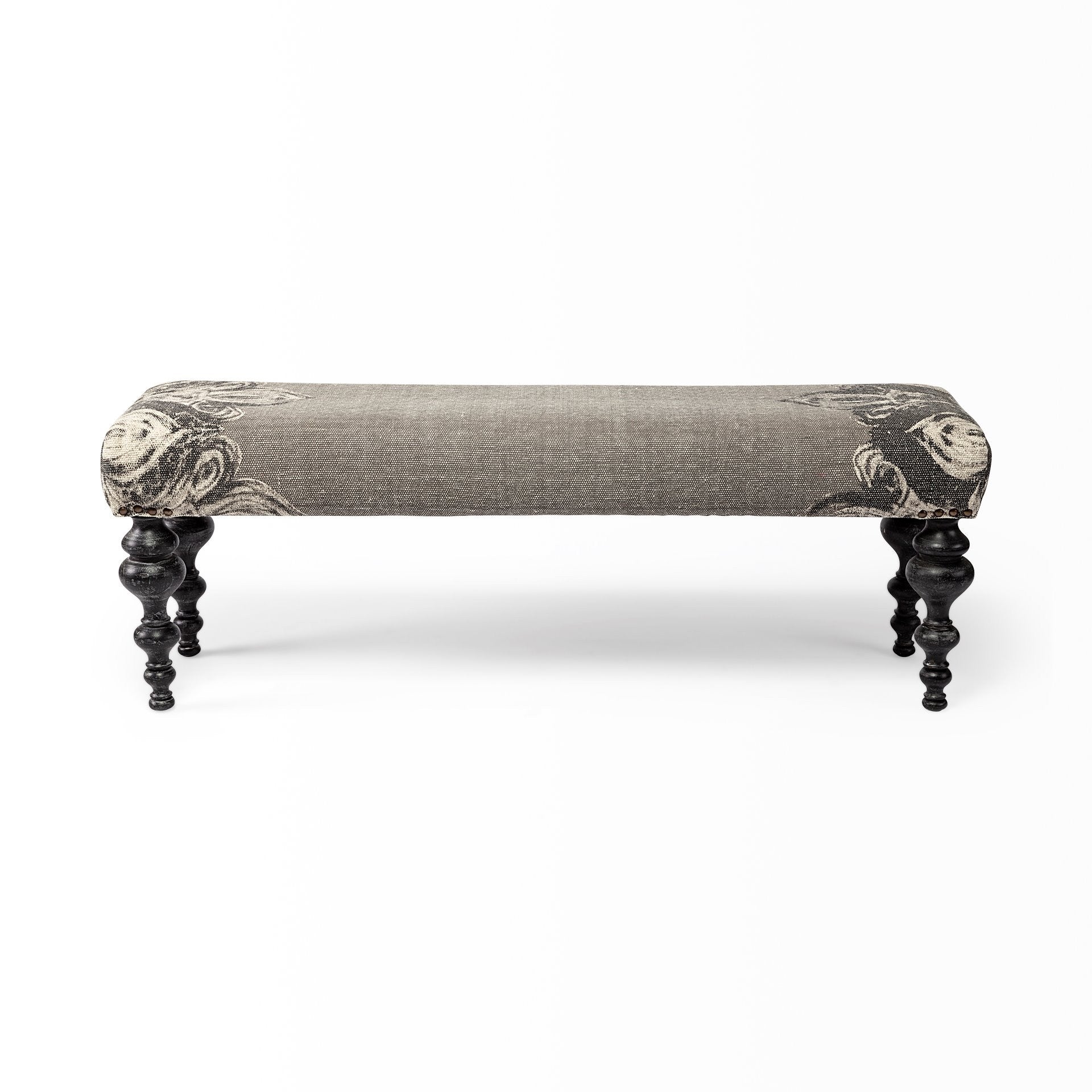 55" Gray and Black Upholstered Cotton Blend Floral Distressed Bench-Benches-DECOROLALA
