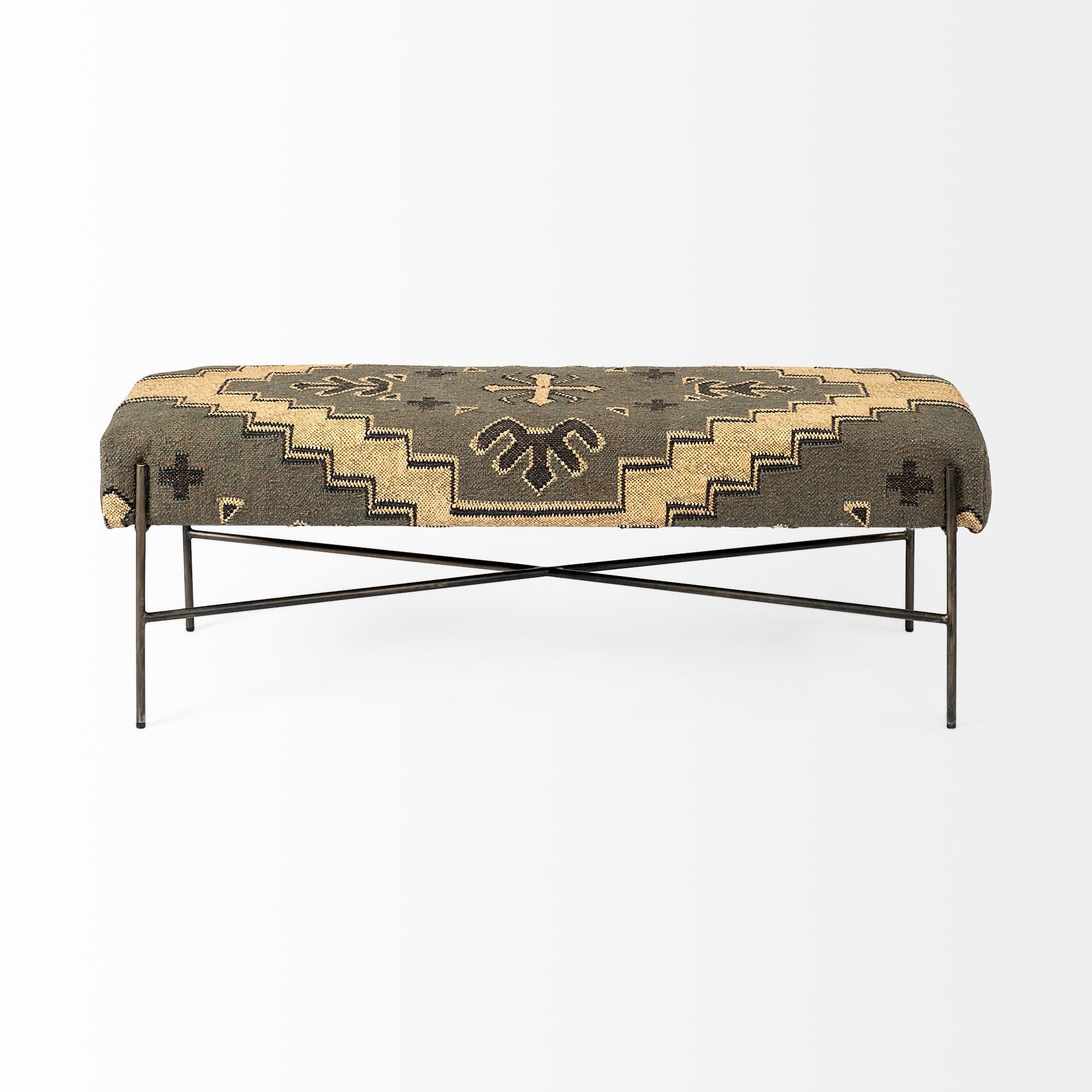 55" Green Brown and Black Upholstered Abstract Cotton Blend Bench-Benches-DECOROLALA