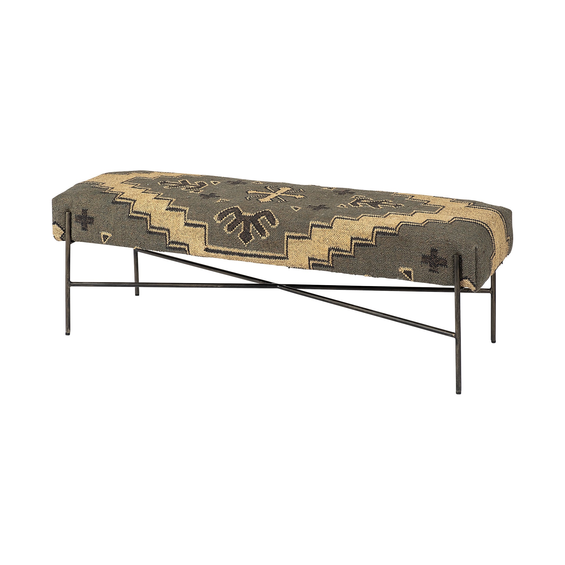 55" Green Brown and Black Upholstered Abstract Cotton Blend Bench-Benches-DECOROLALA
