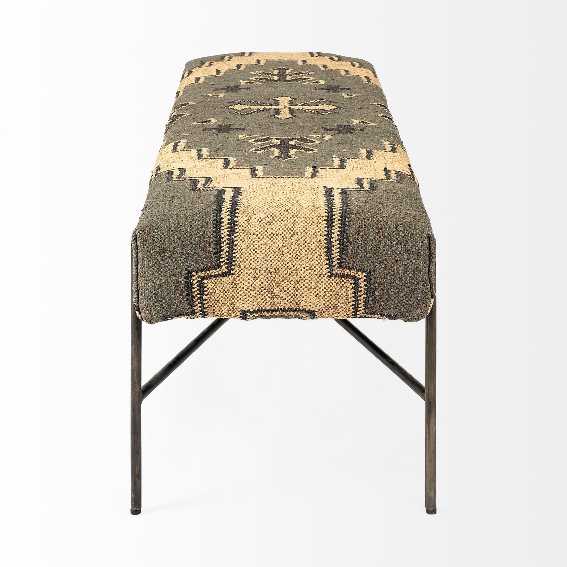 55" Green Brown and Black Upholstered Abstract Cotton Blend Bench-Benches-DECOROLALA