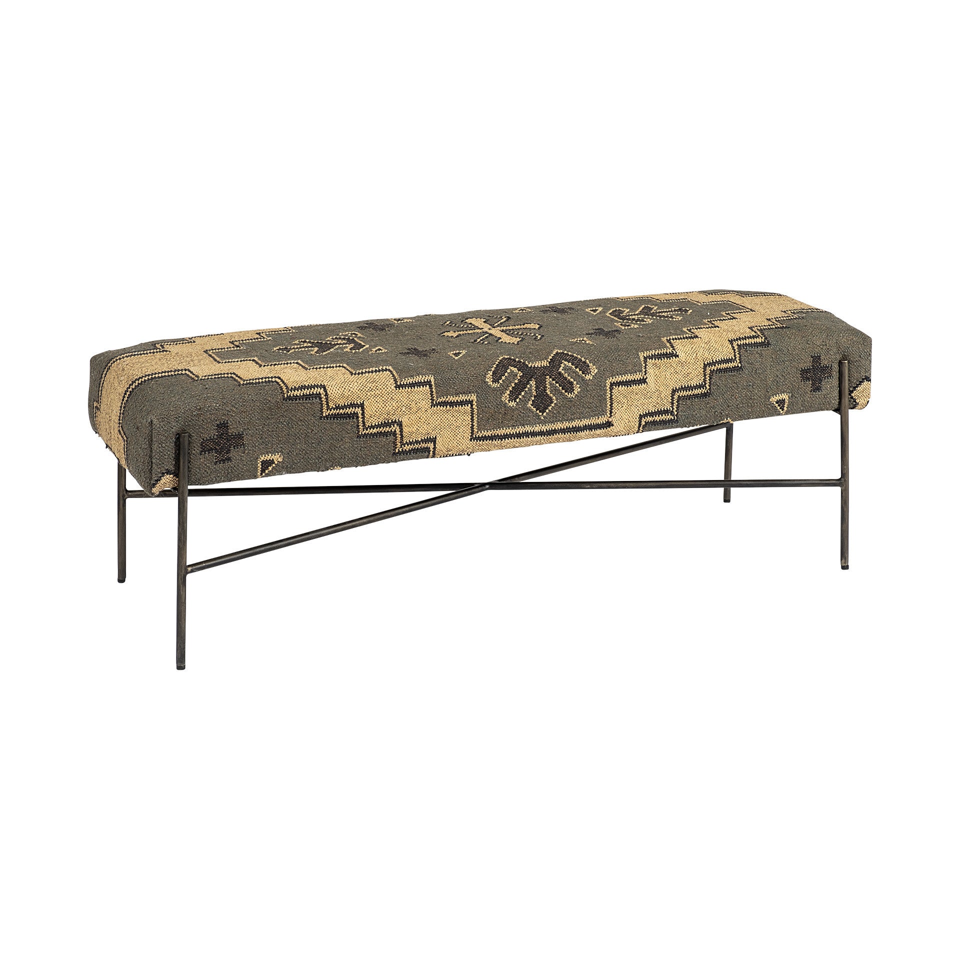 55" Green Brown and Black Upholstered Abstract Cotton Blend Bench-Benches-DECOROLALA