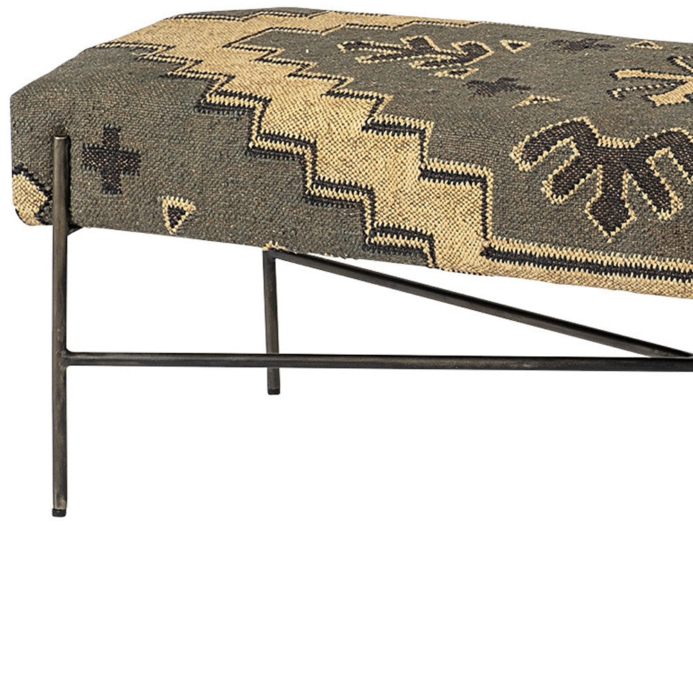 55" Green Brown and Black Upholstered Abstract Cotton Blend Bench-Benches-DECOROLALA