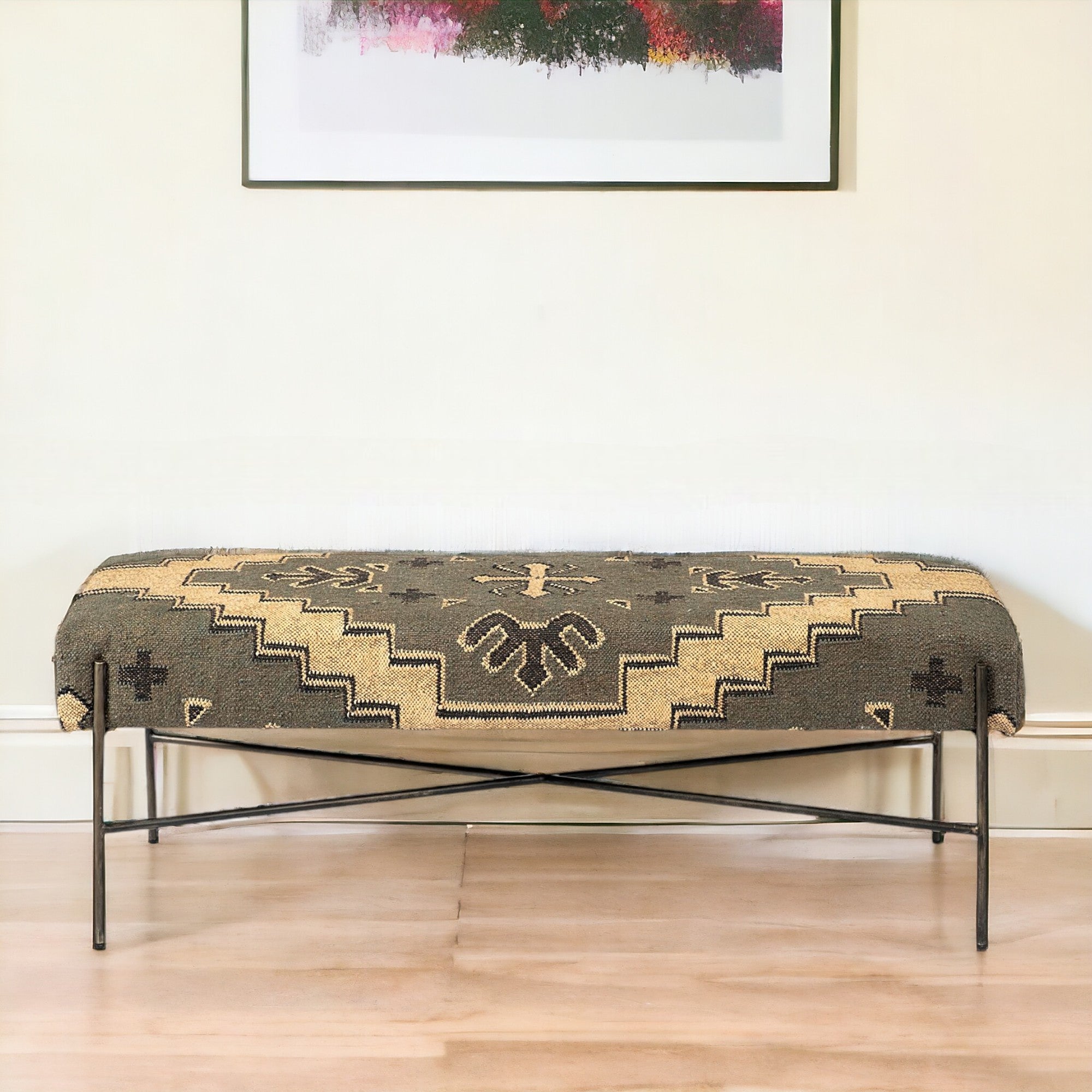 55" Green Brown and Black Upholstered Abstract Cotton Blend Bench-Benches-DECOROLALA