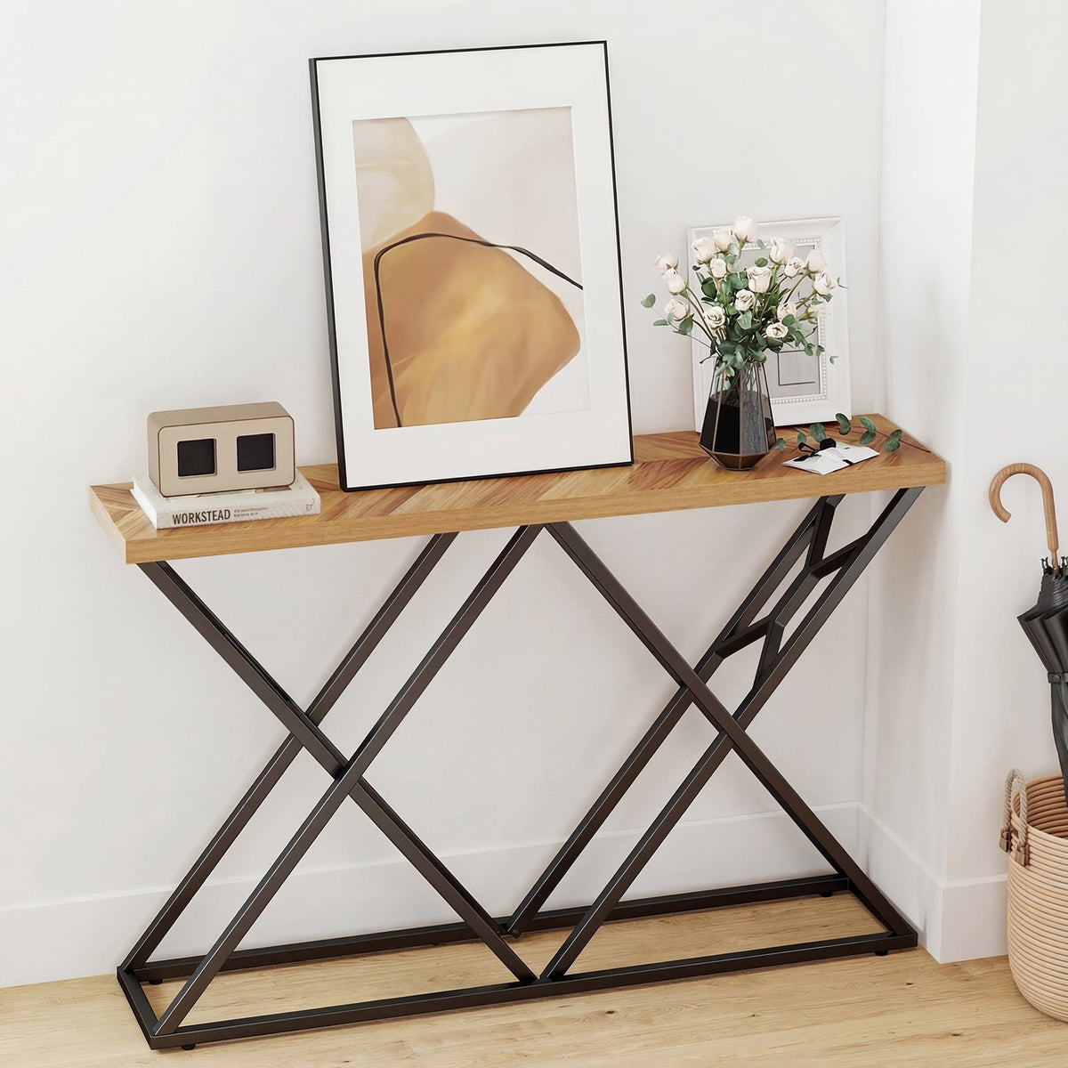 55 Inch Console Table with Solid Metal Frame and Storage-Wood-Console Tables-DECOROLALA