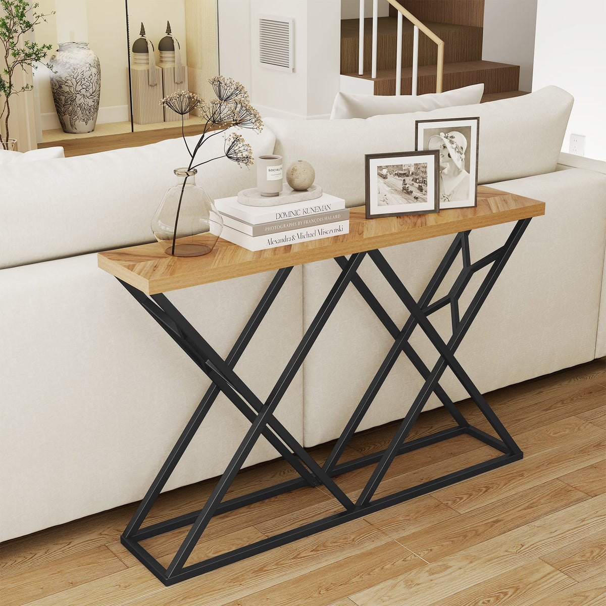 55 Inch Console Table with Solid Metal Frame and Storage-Wood-Console Tables-DECOROLALA