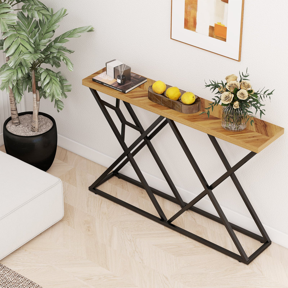 55 Inch Console Table with Solid Metal Frame and Storage-Wood-Console Tables-DECOROLALA