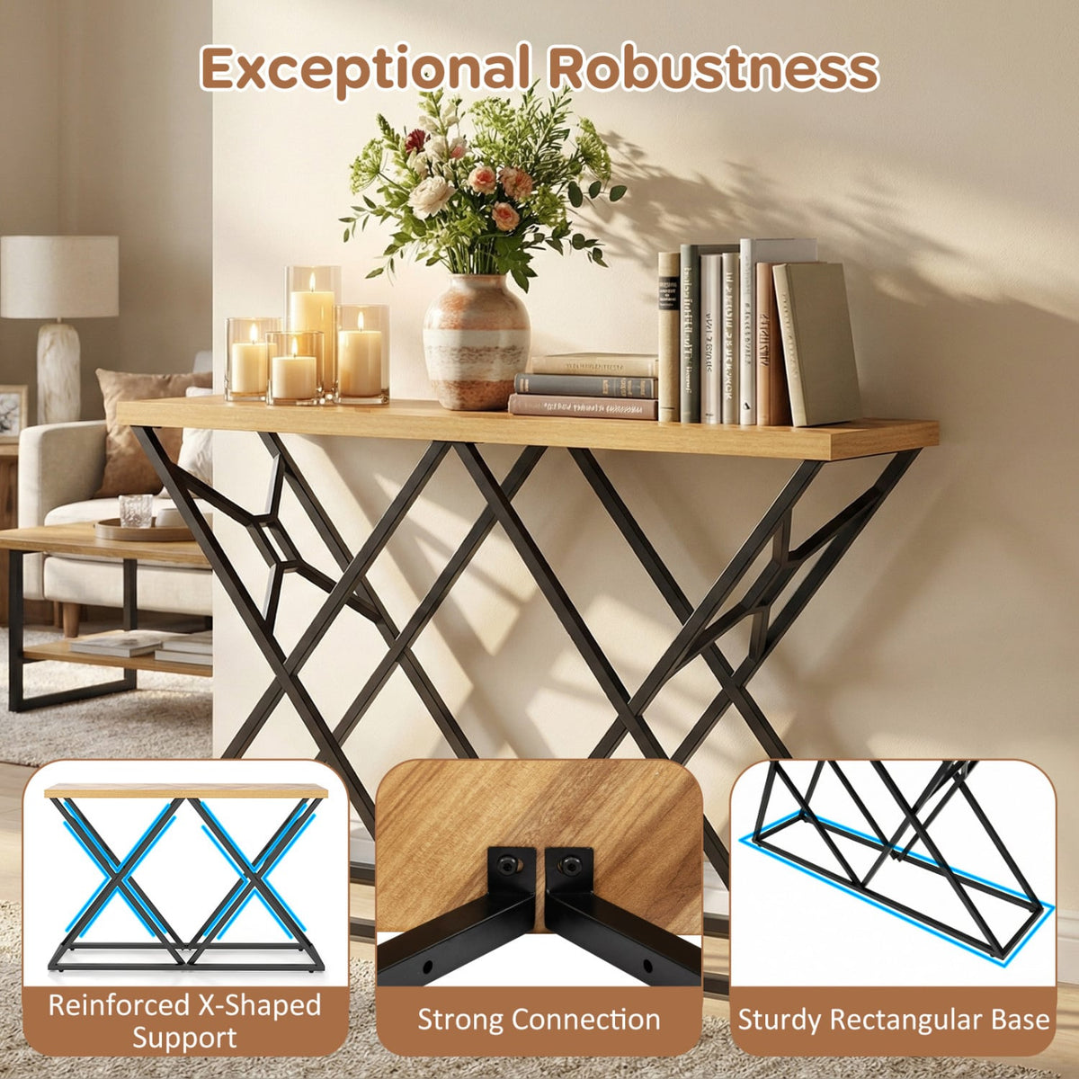 55 Inch Console Table with Solid Metal Frame and Storage-Wood-Console Tables-DECOROLALA