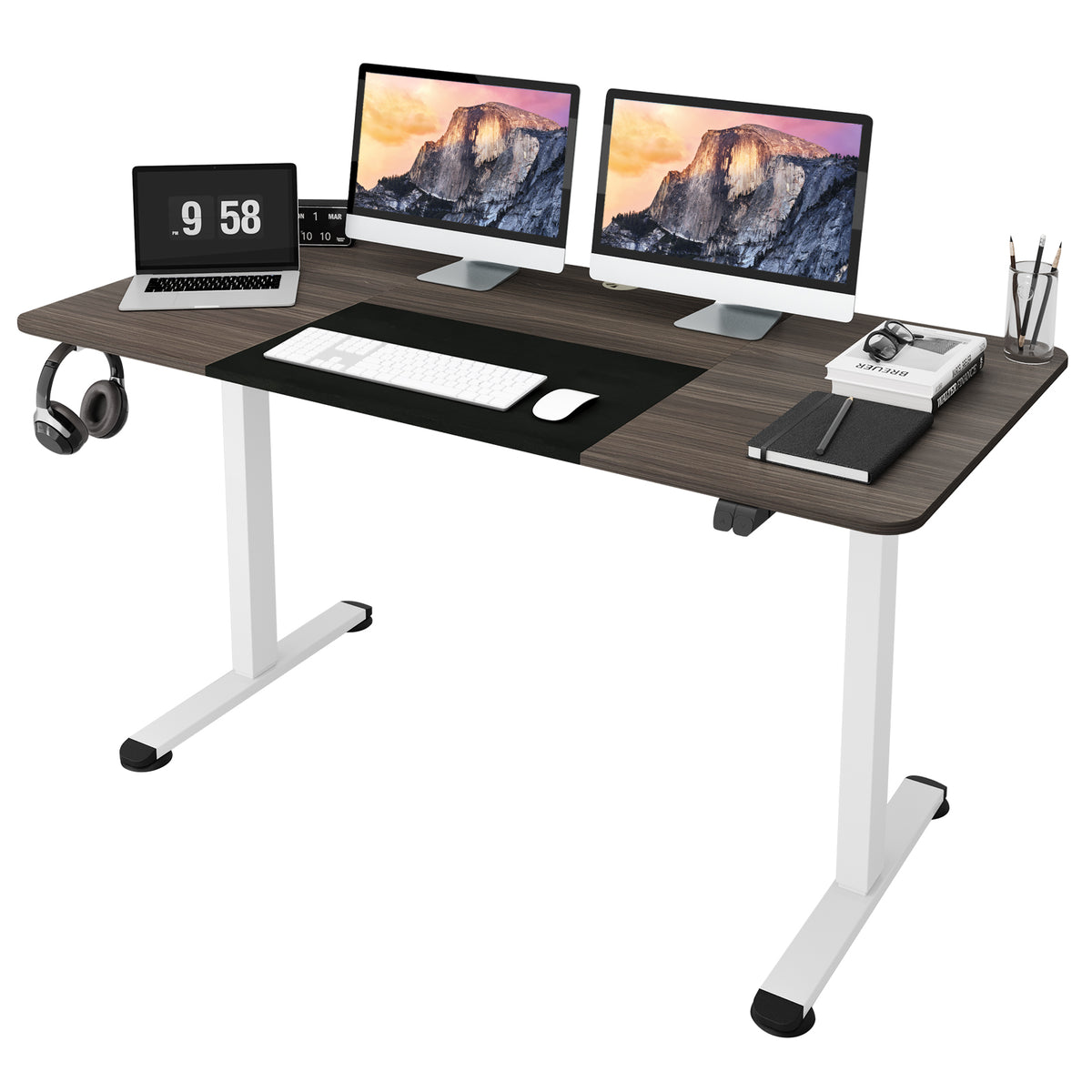 55 Inch Electric Height Adjustable Office Desk with Hook-Dark Gray-Standing Desks-DECOROLALA