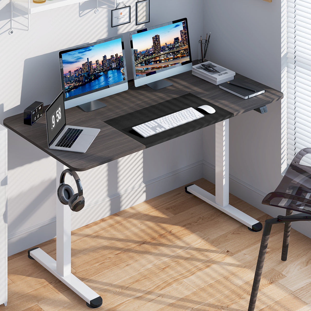 55 Inch Electric Height Adjustable Office Desk with Hook-Dark Gray-Standing Desks-DECOROLALA