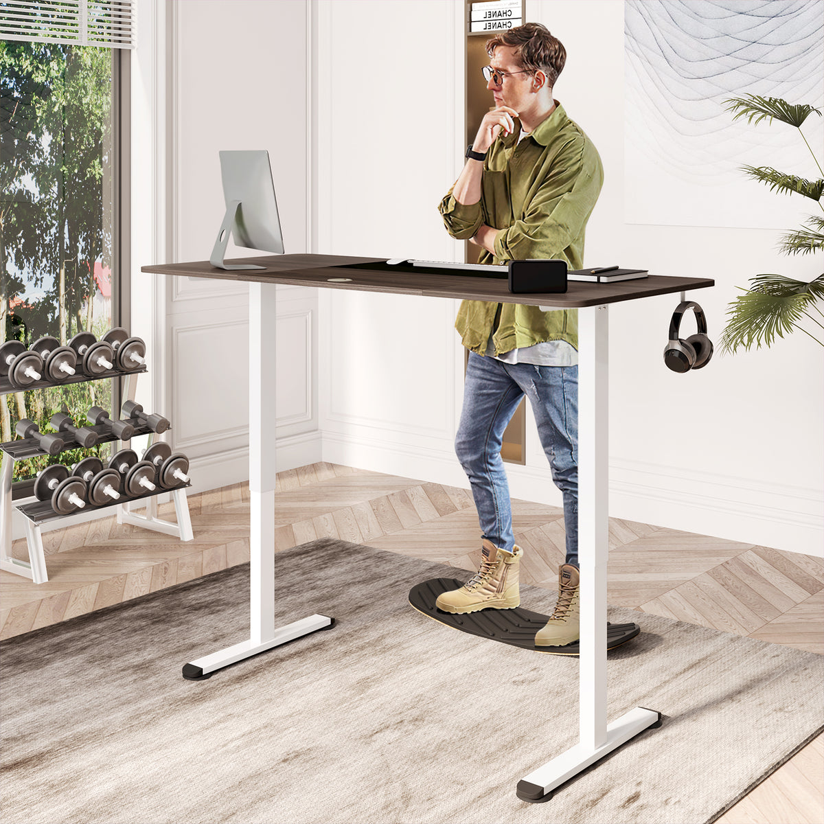55 Inch Electric Height Adjustable Office Desk with Hook-Dark Gray-Standing Desks-DECOROLALA