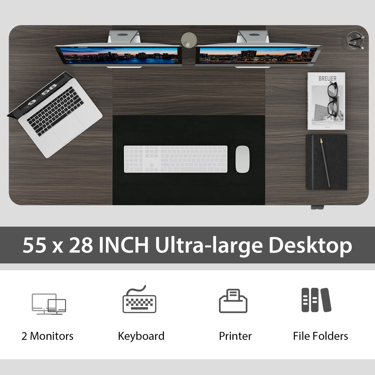 55 Inch Electric Height Adjustable Office Desk with Hook-Dark Gray-Standing Desks-DECOROLALA