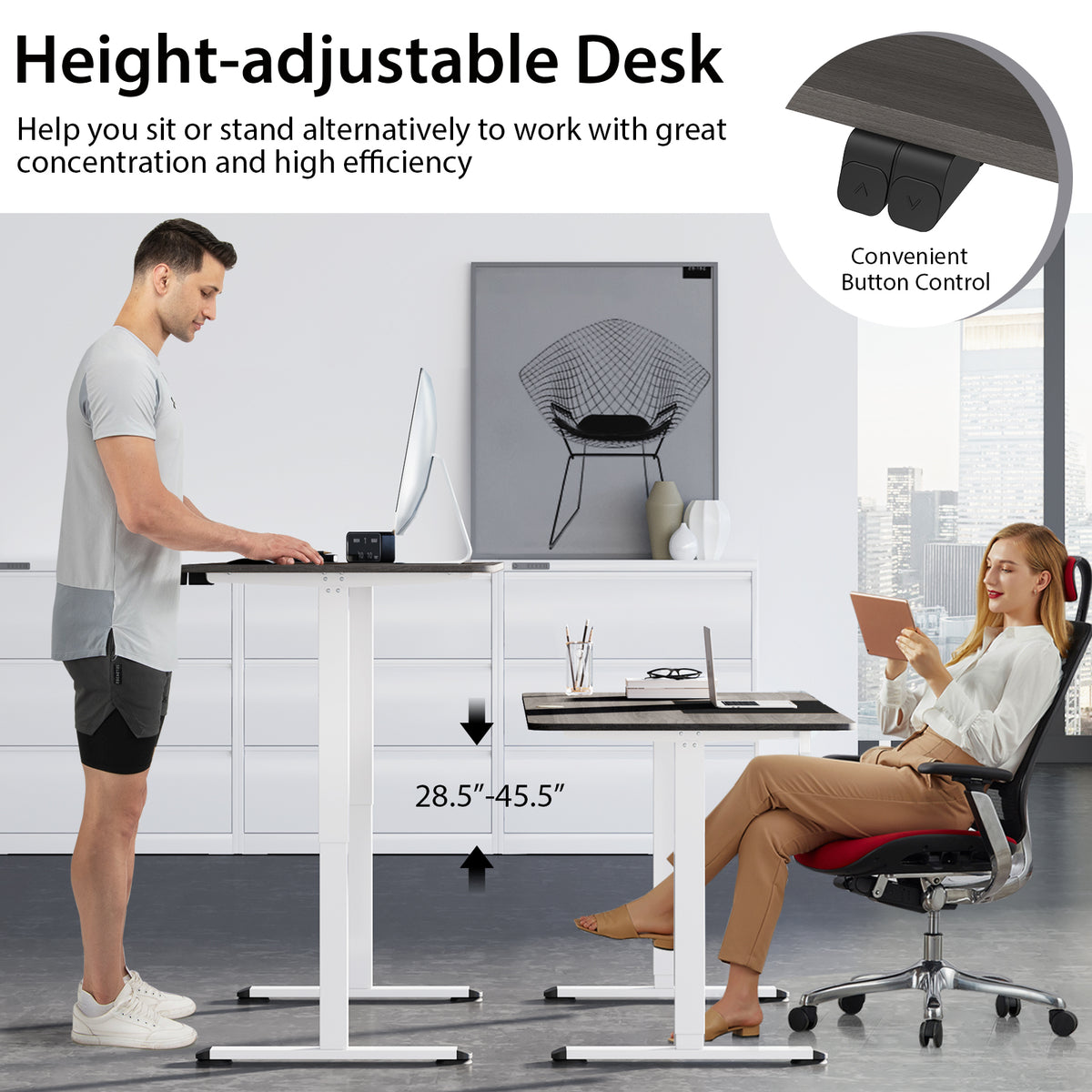 55 Inch Electric Height Adjustable Office Desk with Hook-Dark Gray-Standing Desks-DECOROLALA