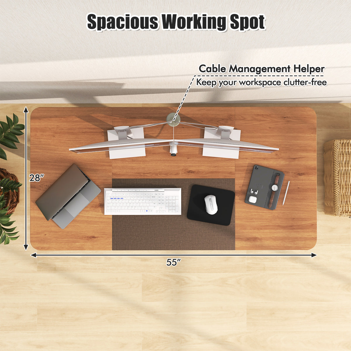 55 Inch Electric Standing Desk Adjustable with Cable Management Hole-Beige-Standing Desks-DECOROLALA