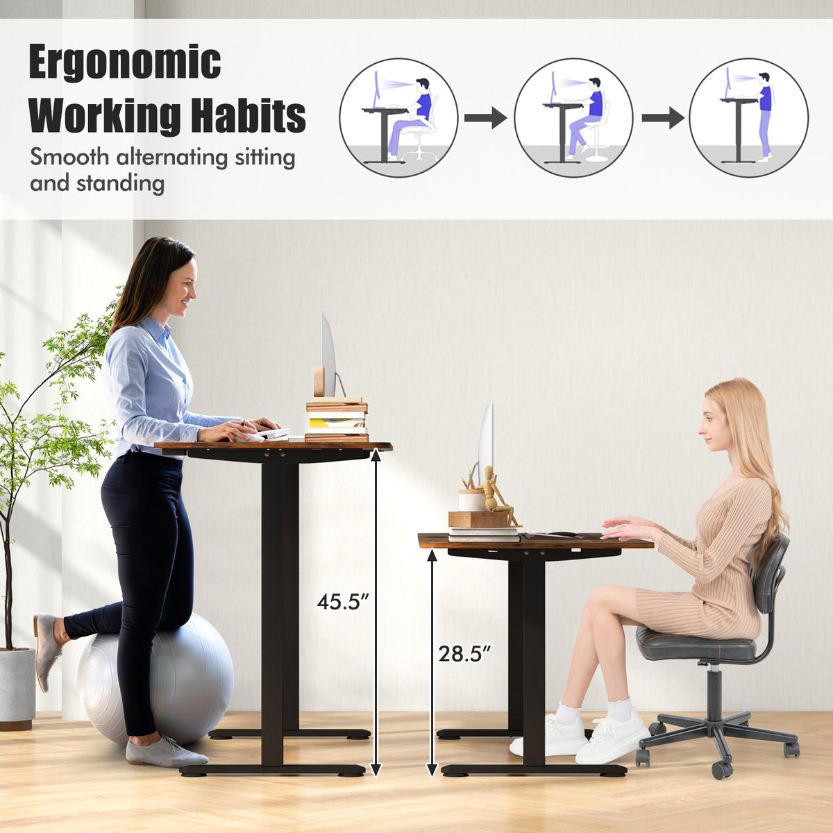 55 Inch Electric Standing Desk Adjustable with Cable Management Hole-Brown-Standing Desks-DECOROLALA