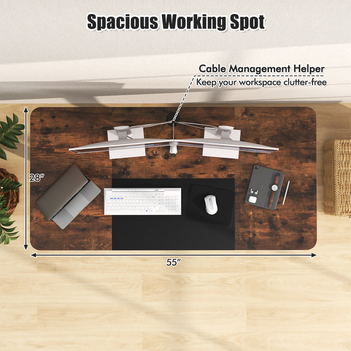 55 Inch Electric Standing Desk Adjustable with Cable Management Hole-Brown-Standing Desks-DECOROLALA