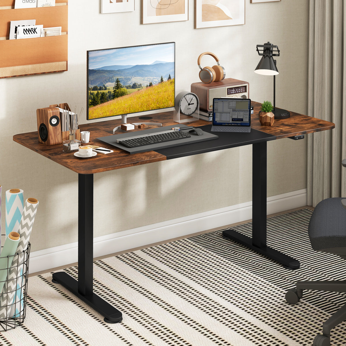55 Inch Electric Standing Desk Adjustable with Cable Management Hole-Brown-Standing Desks-DECOROLALA