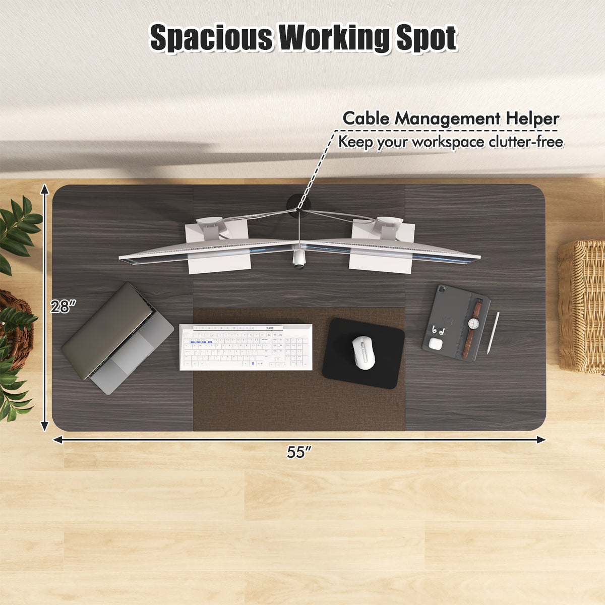 55 Inch Electric Standing Desk Adjustable with Cable Management Hole-Gray-Standing Desks-DECOROLALA