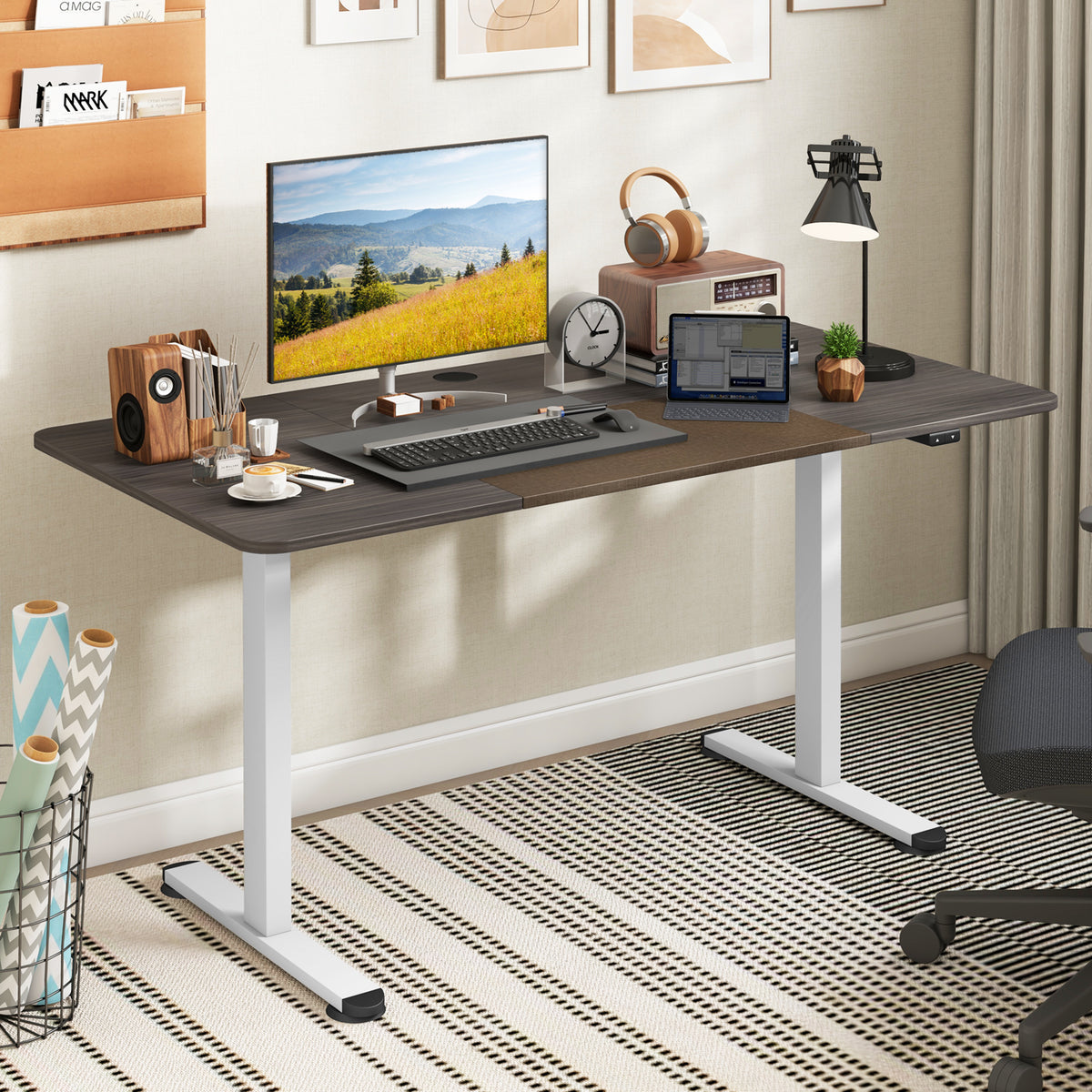 55 Inch Electric Standing Desk Adjustable with Cable Management Hole-Gray-Standing Desks-DECOROLALA