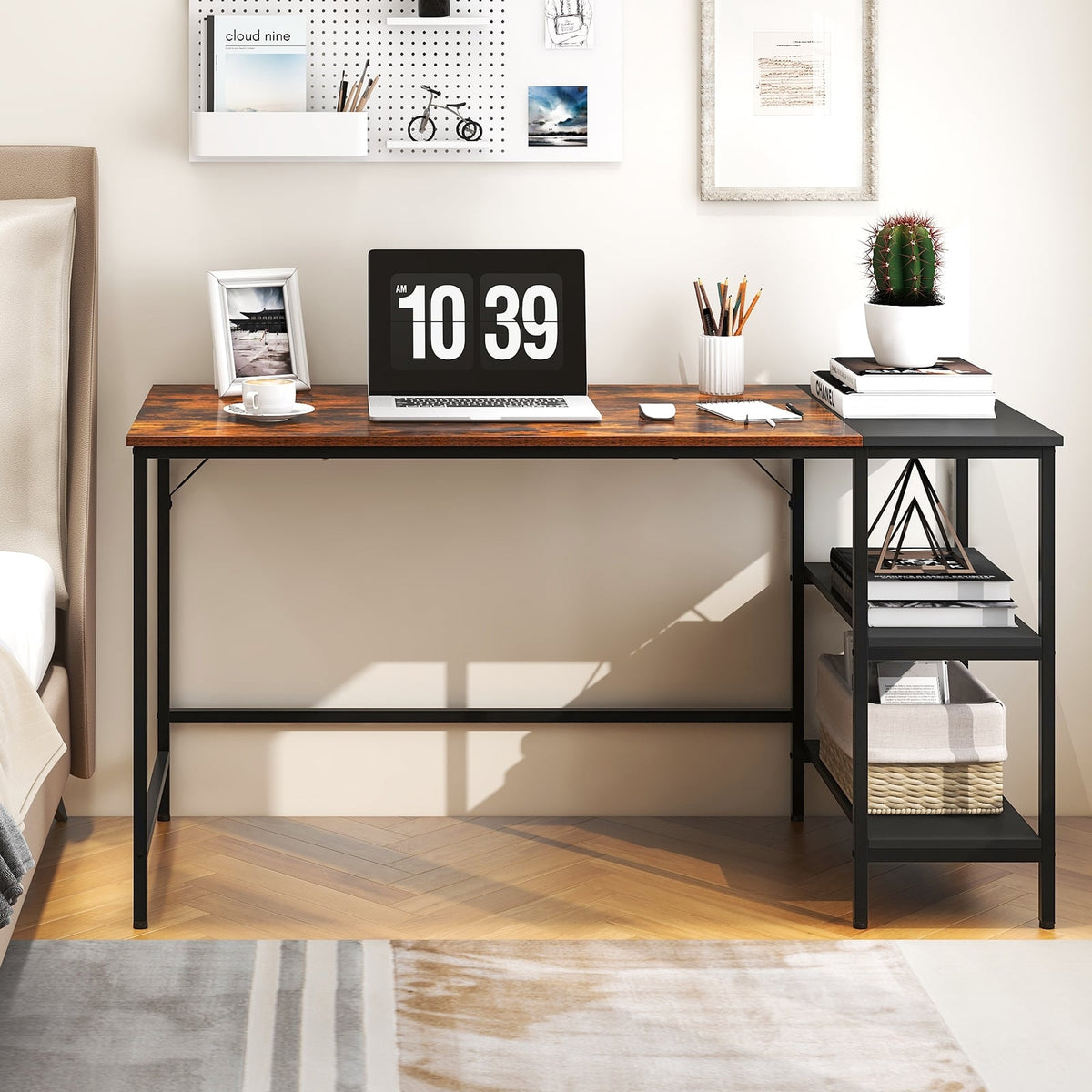 55 Inch Modern Industrial Style Study Writing Desk with 2 Storage Shelves-Brown-Computer Desks-DECOROLALA