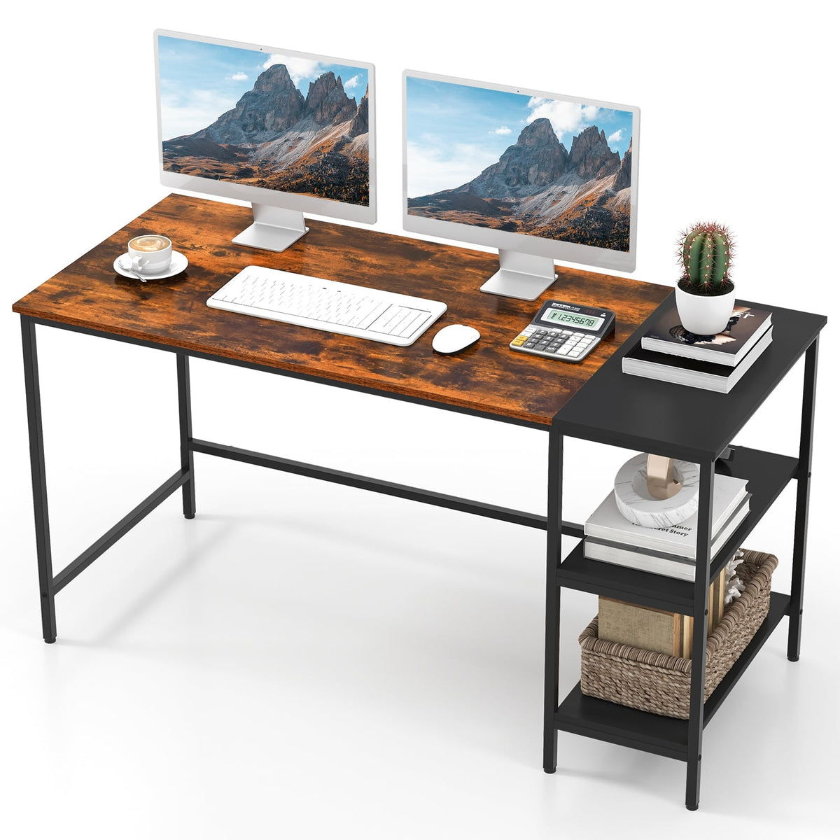 55 Inch Modern Industrial Style Study Writing Desk with 2 Storage Shelves-Brown-Computer Desks-DECOROLALA