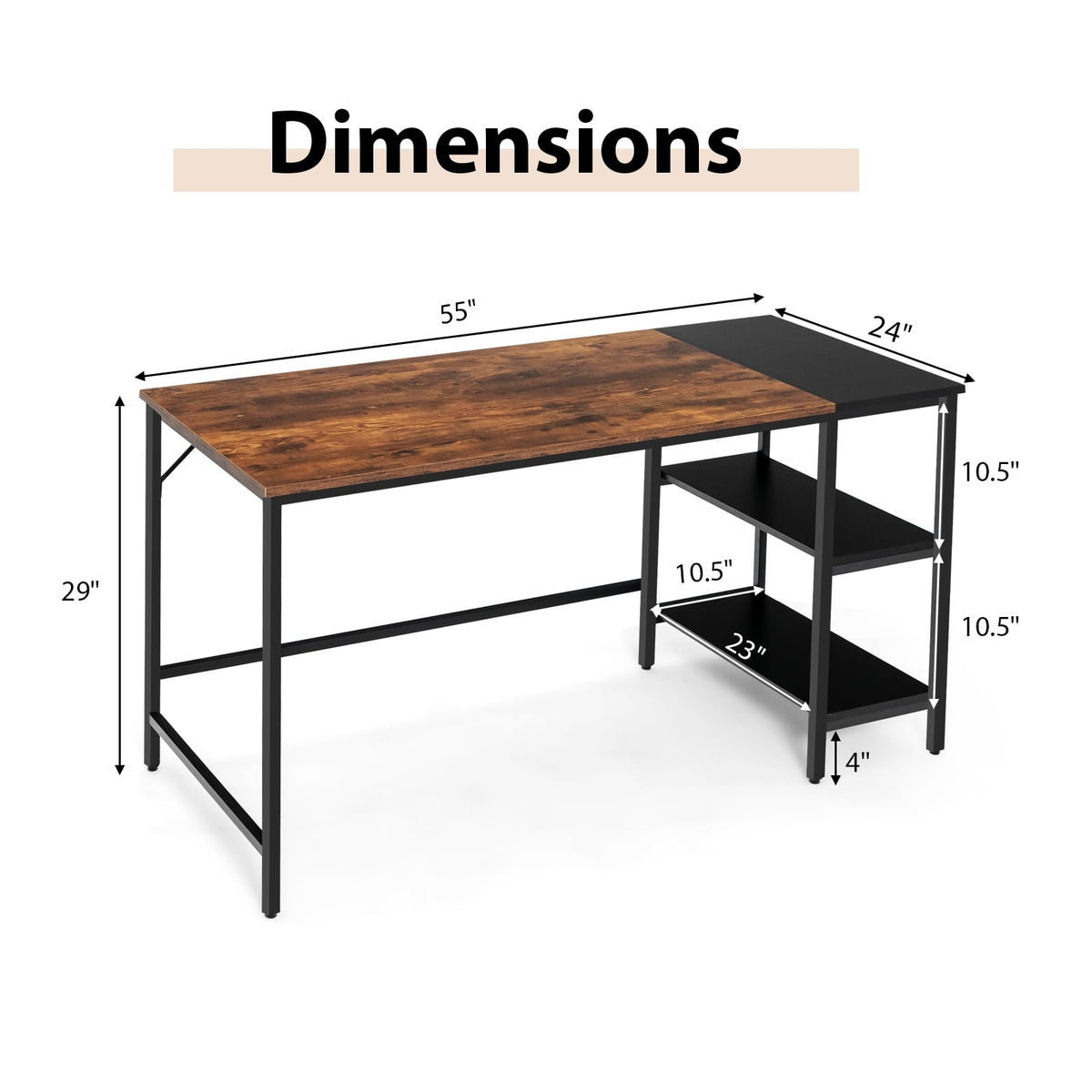 55 Inch Modern Industrial Style Study Writing Desk with 2 Storage Shelves-Brown-Computer Desks-DECOROLALA