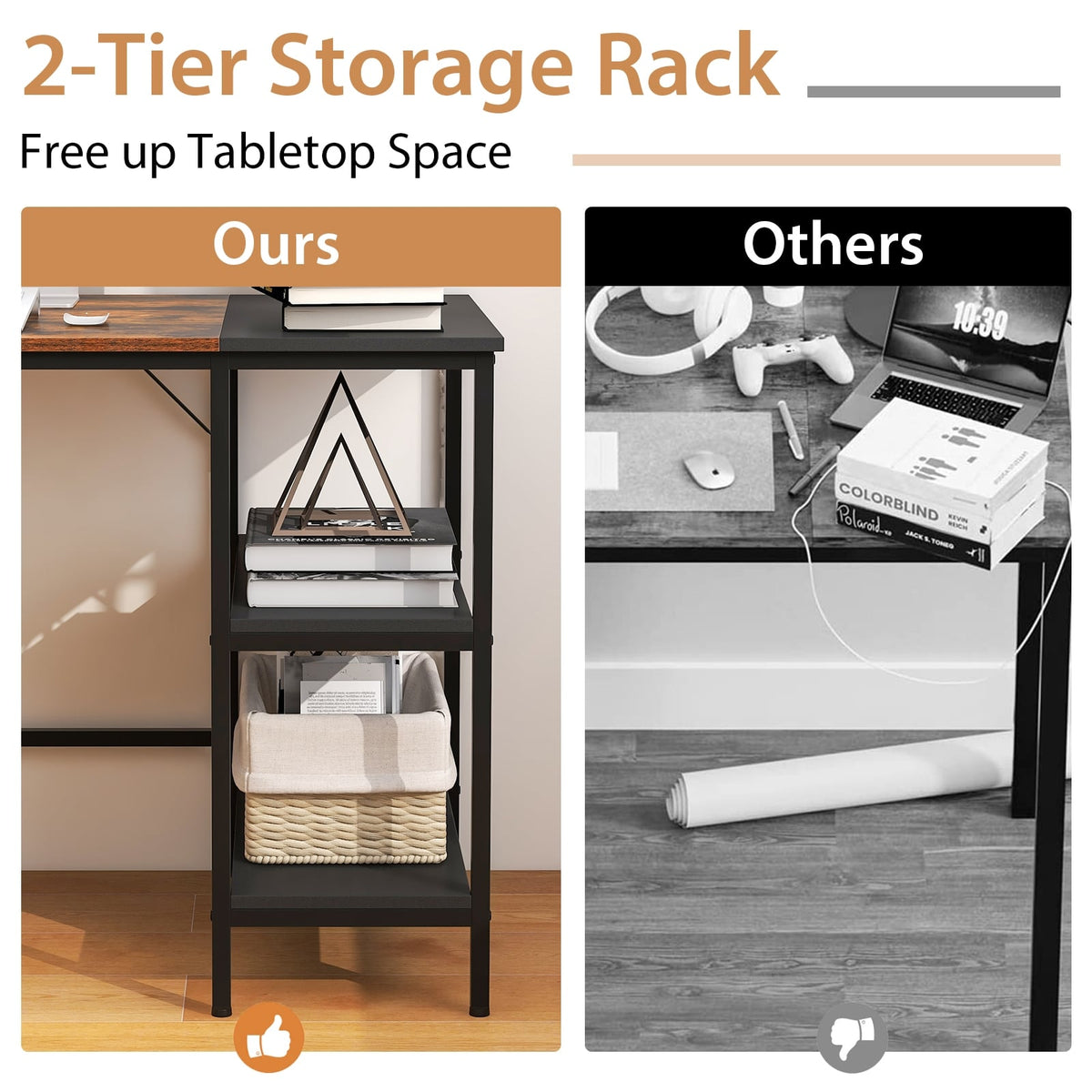 55 Inch Modern Industrial Style Study Writing Desk with 2 Storage Shelves-Brown-Computer Desks-DECOROLALA