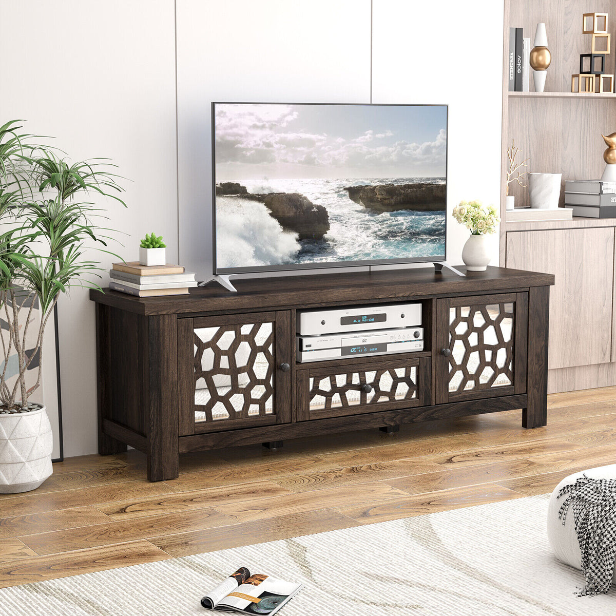 55 Inch Retro TV Stand Media Entertainment Center with Mirror Doors and Drawer-Dark Brown-Entertainment Centers & TV Stands-DECOROLALA