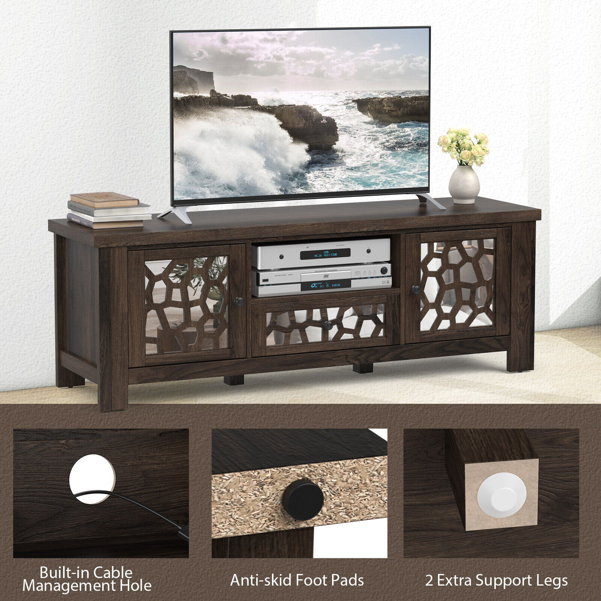 55 Inch Retro TV Stand Media Entertainment Center with Mirror Doors and Drawer-Dark Brown-Entertainment Centers & TV Stands-DECOROLALA