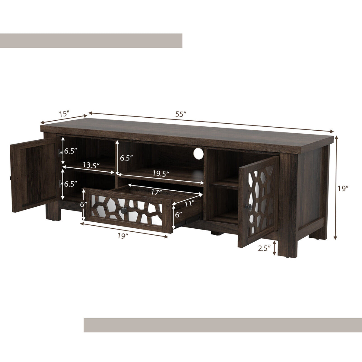 55 Inch Retro TV Stand Media Entertainment Center with Mirror Doors and Drawer-Dark Brown-Entertainment Centers & TV Stands-DECOROLALA