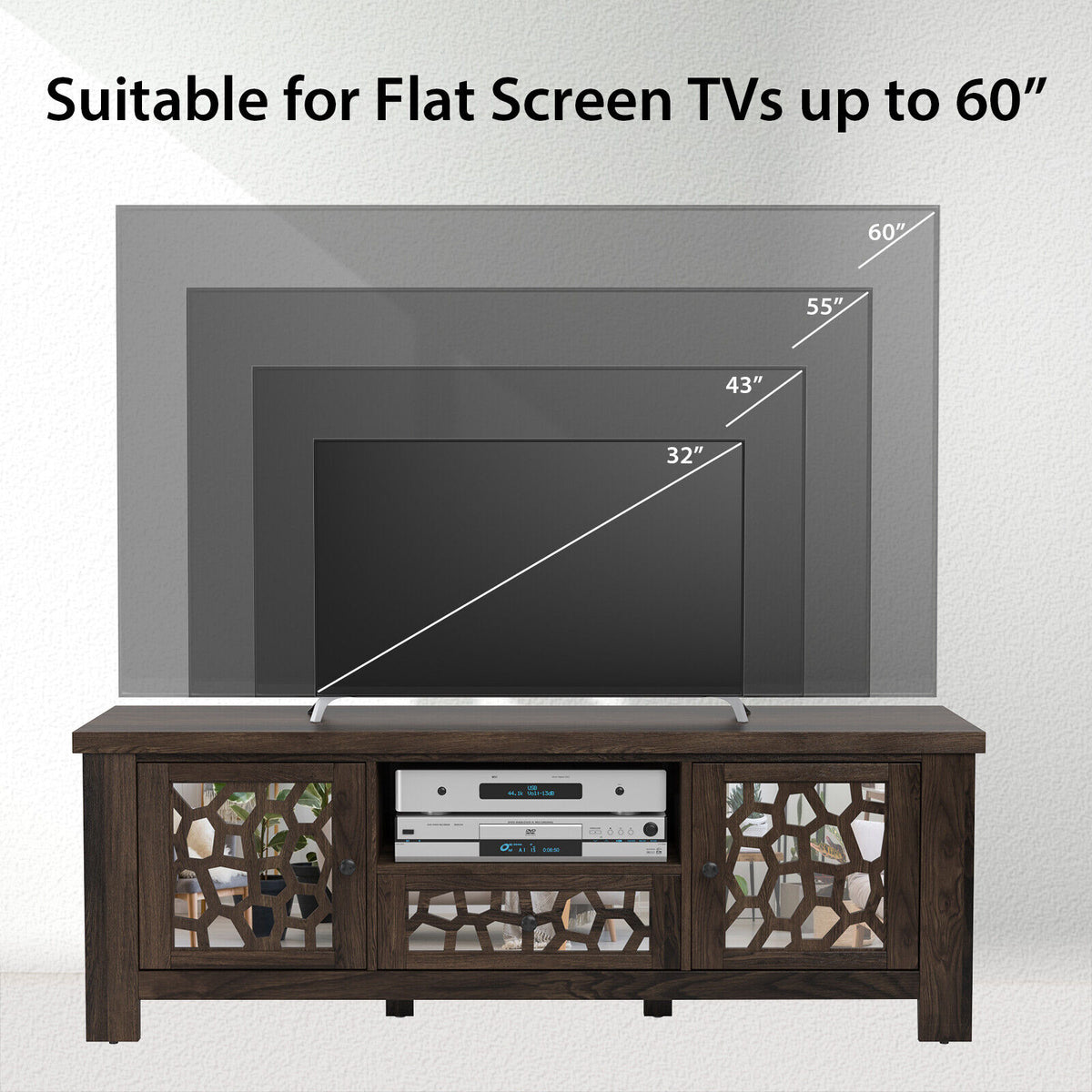 55 Inch Retro TV Stand Media Entertainment Center with Mirror Doors and Drawer-Dark Brown-Entertainment Centers & TV Stands-DECOROLALA
