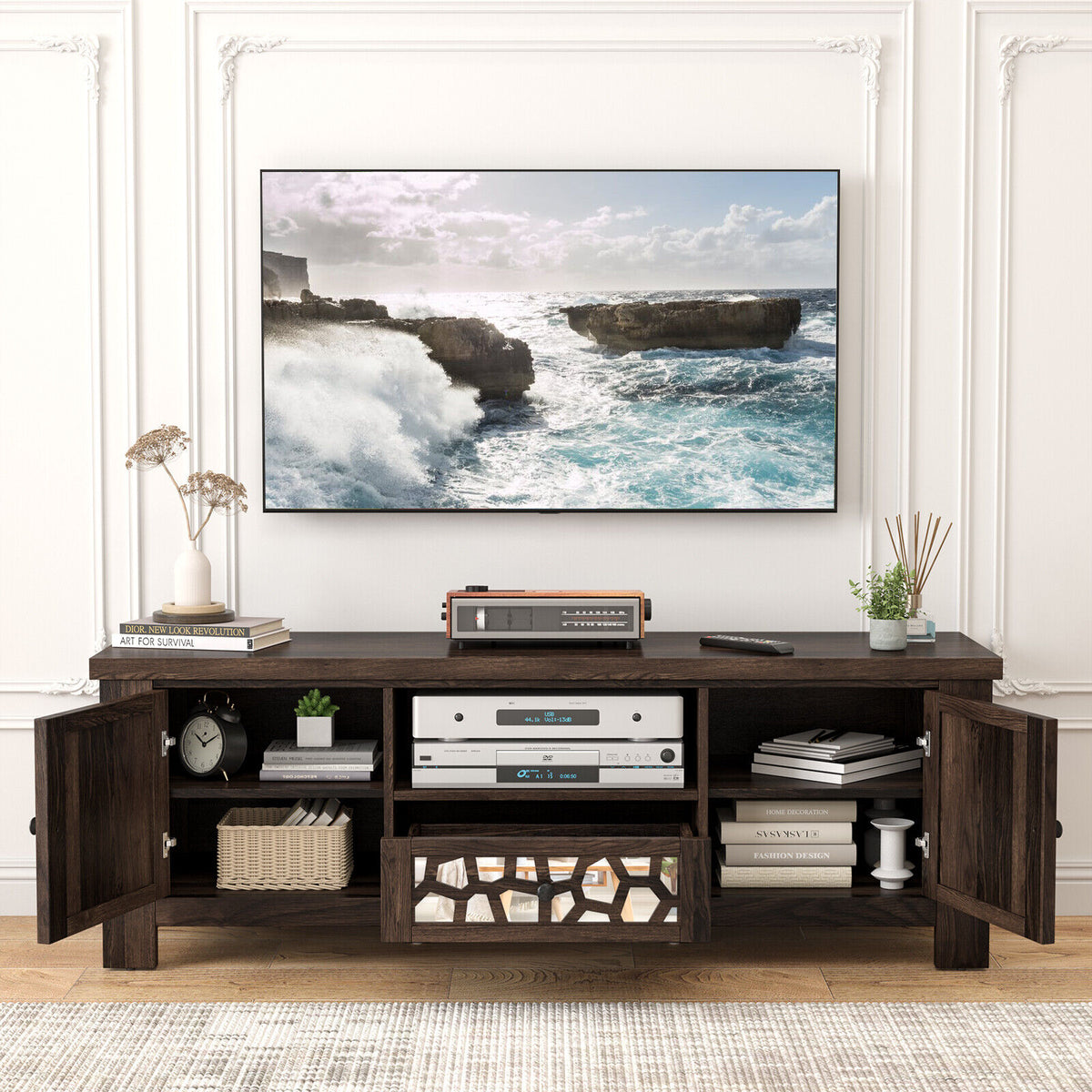 55 Inch Retro TV Stand Media Entertainment Center with Mirror Doors and Drawer-Dark Brown-Entertainment Centers & TV Stands-DECOROLALA