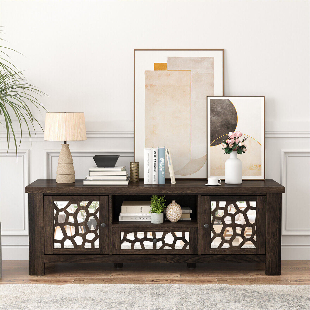 55 Inch Retro TV Stand Media Entertainment Center with Mirror Doors and Drawer-Dark Brown-Entertainment Centers & TV Stands-DECOROLALA