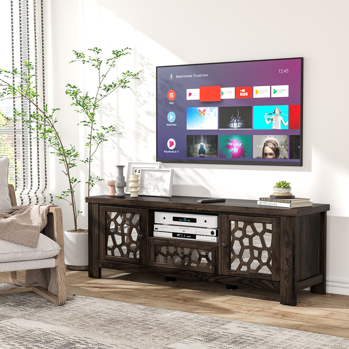 55 Inch Retro TV Stand Media Entertainment Center with Mirror Doors and Drawer-Dark Brown-Entertainment Centers & TV Stands-DECOROLALA